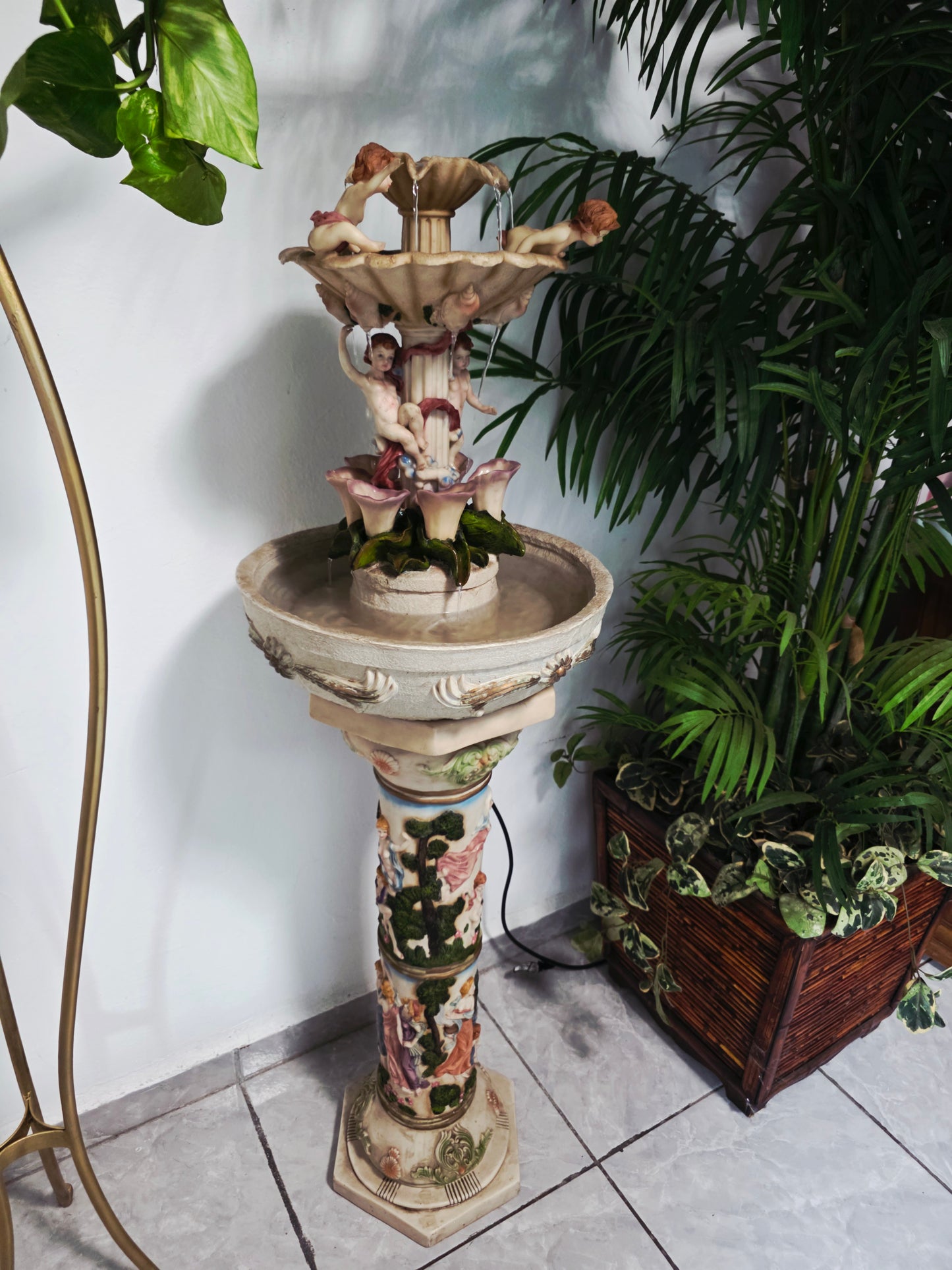 Cherub Fountain with Lilies in Polychrome Resin🕊️