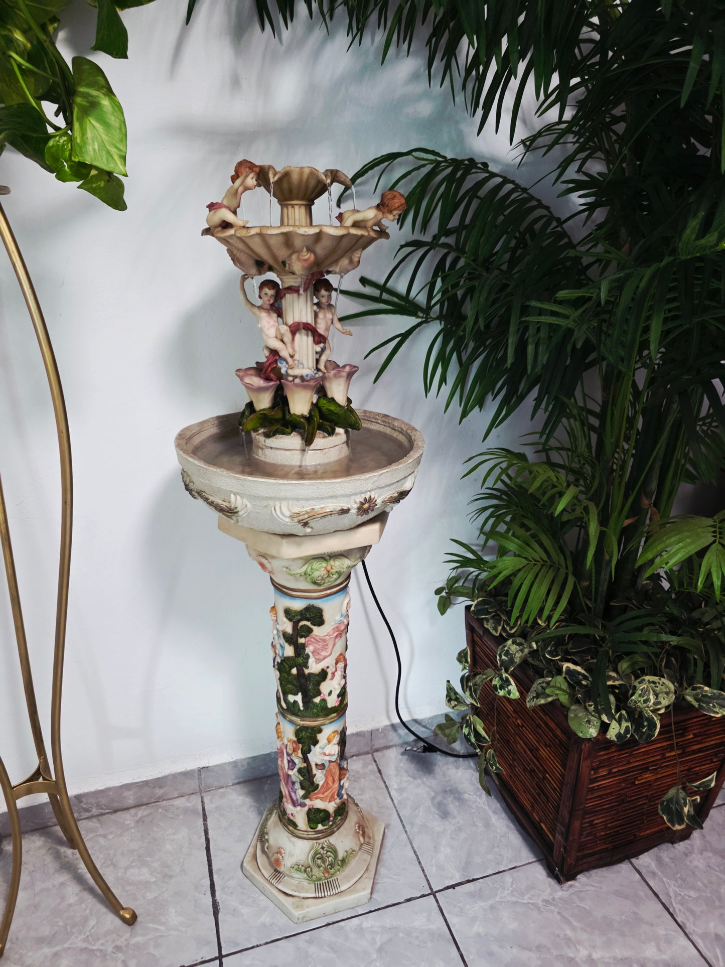 Cherub Fountain with Lilies in Polychrome Resin🕊️