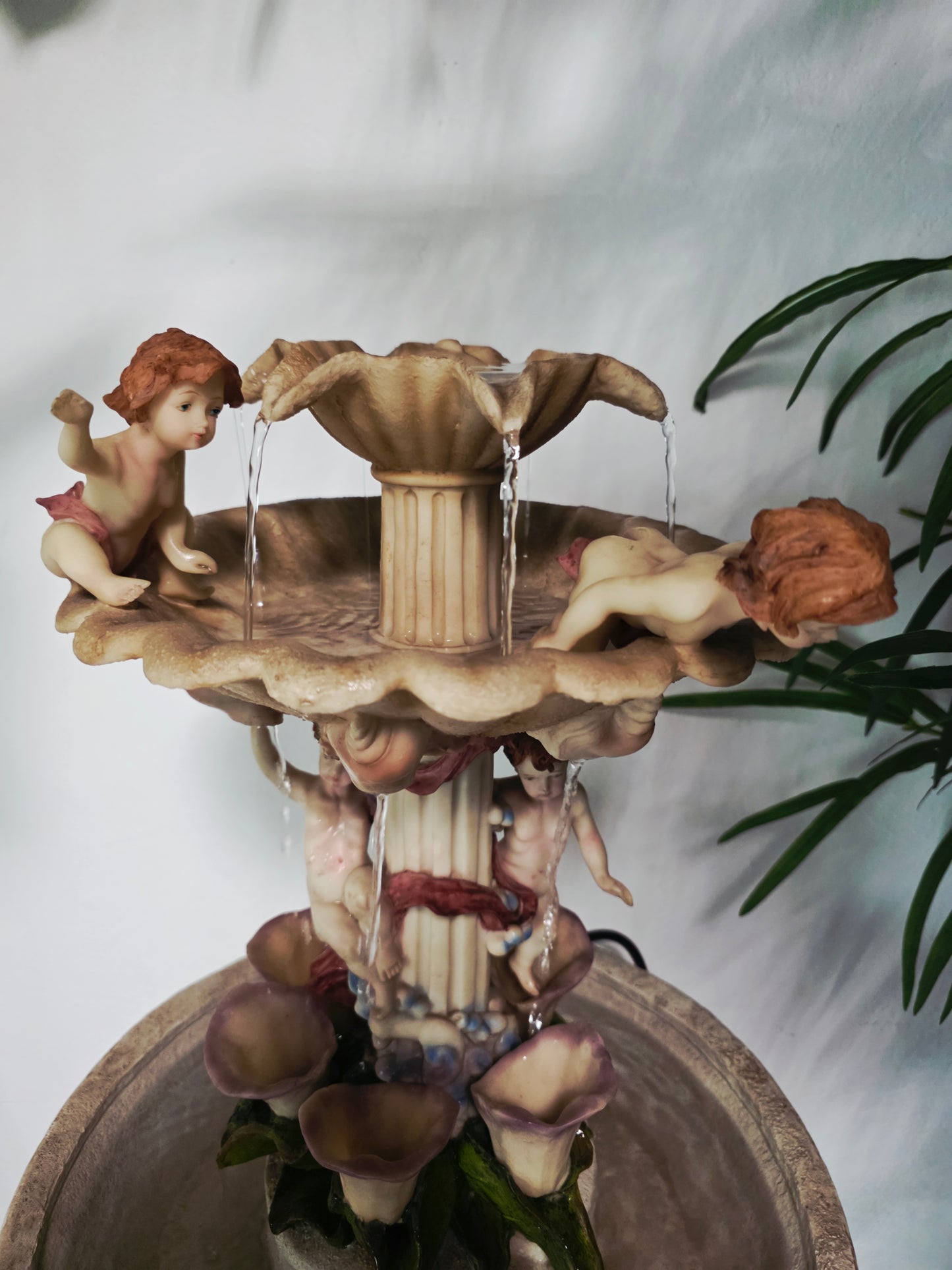 Cherub Fountain with Lilies in Polychrome Resin🕊️