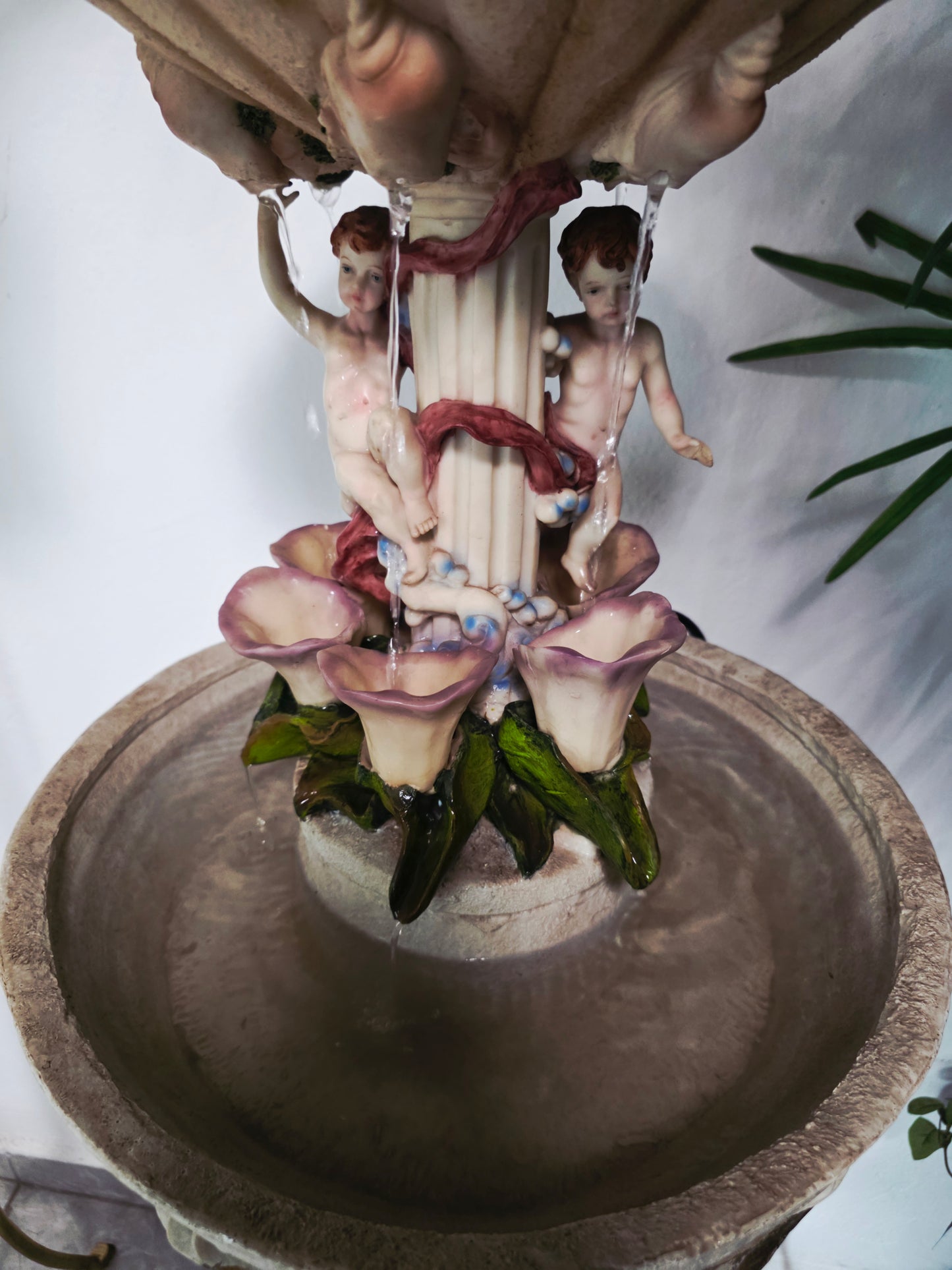 Cherub Fountain with Lilies in Polychrome Resin🕊️