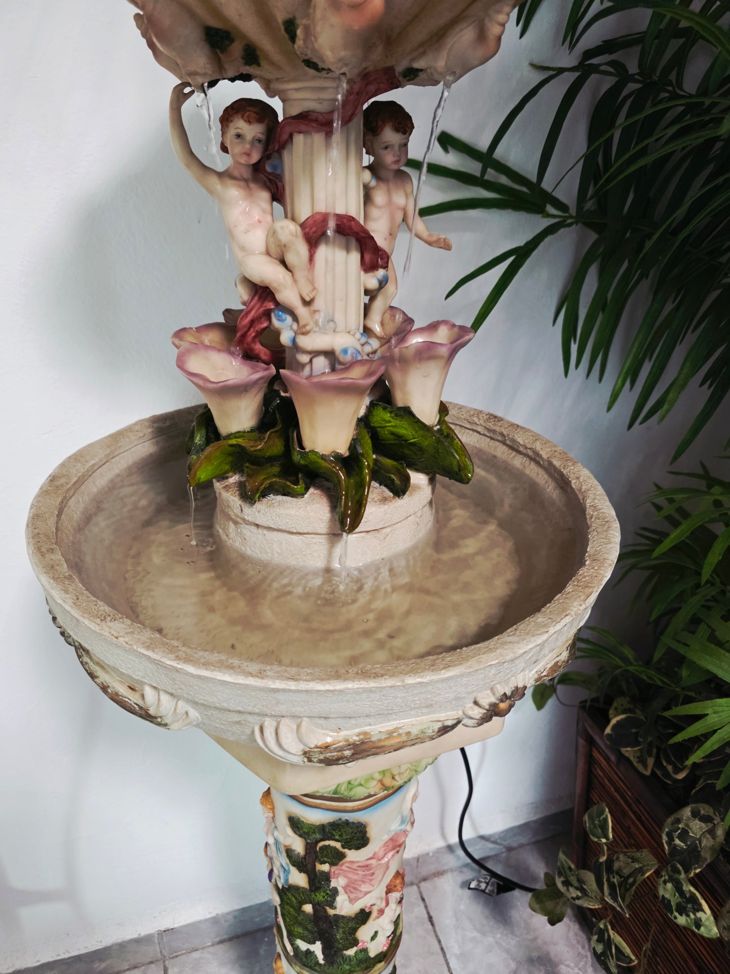 Cherub Fountain with Lilies in Polychrome Resin🕊️