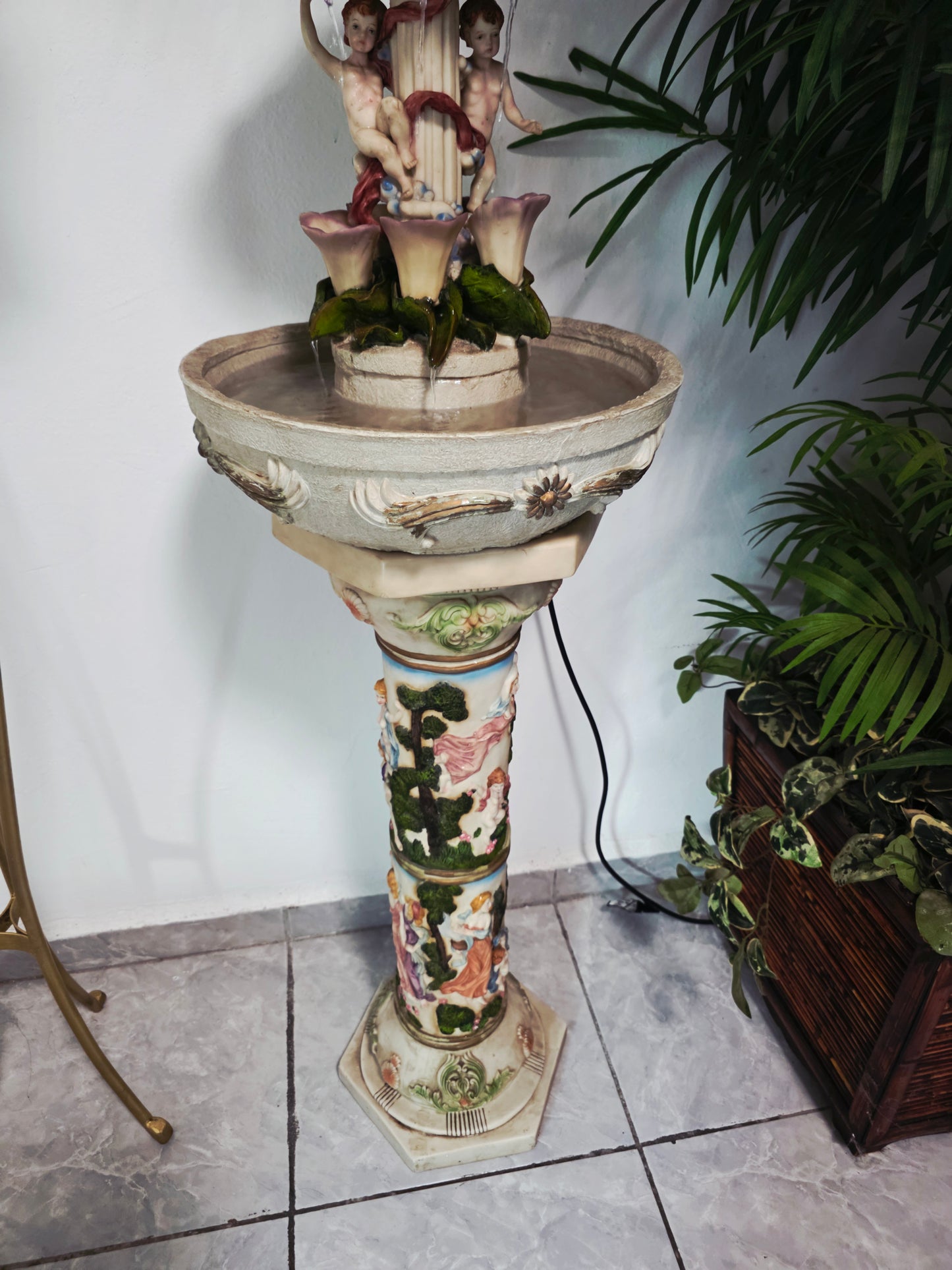 Cherub Fountain with Lilies in Polychrome Resin🕊️