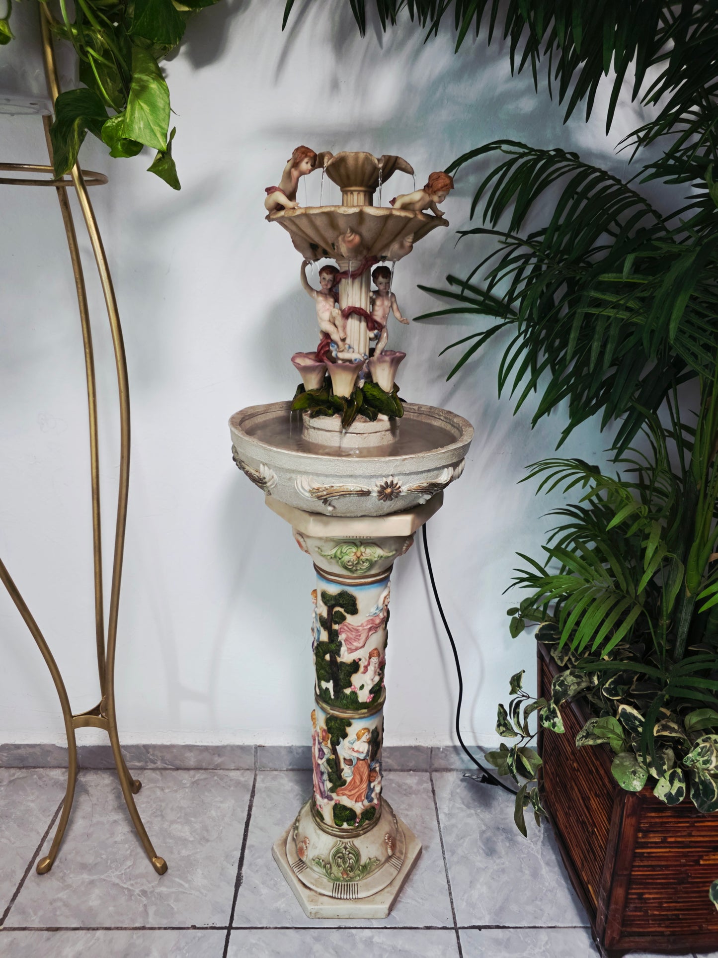 Cherub Fountain with Lilies in Polychrome Resin🕊️