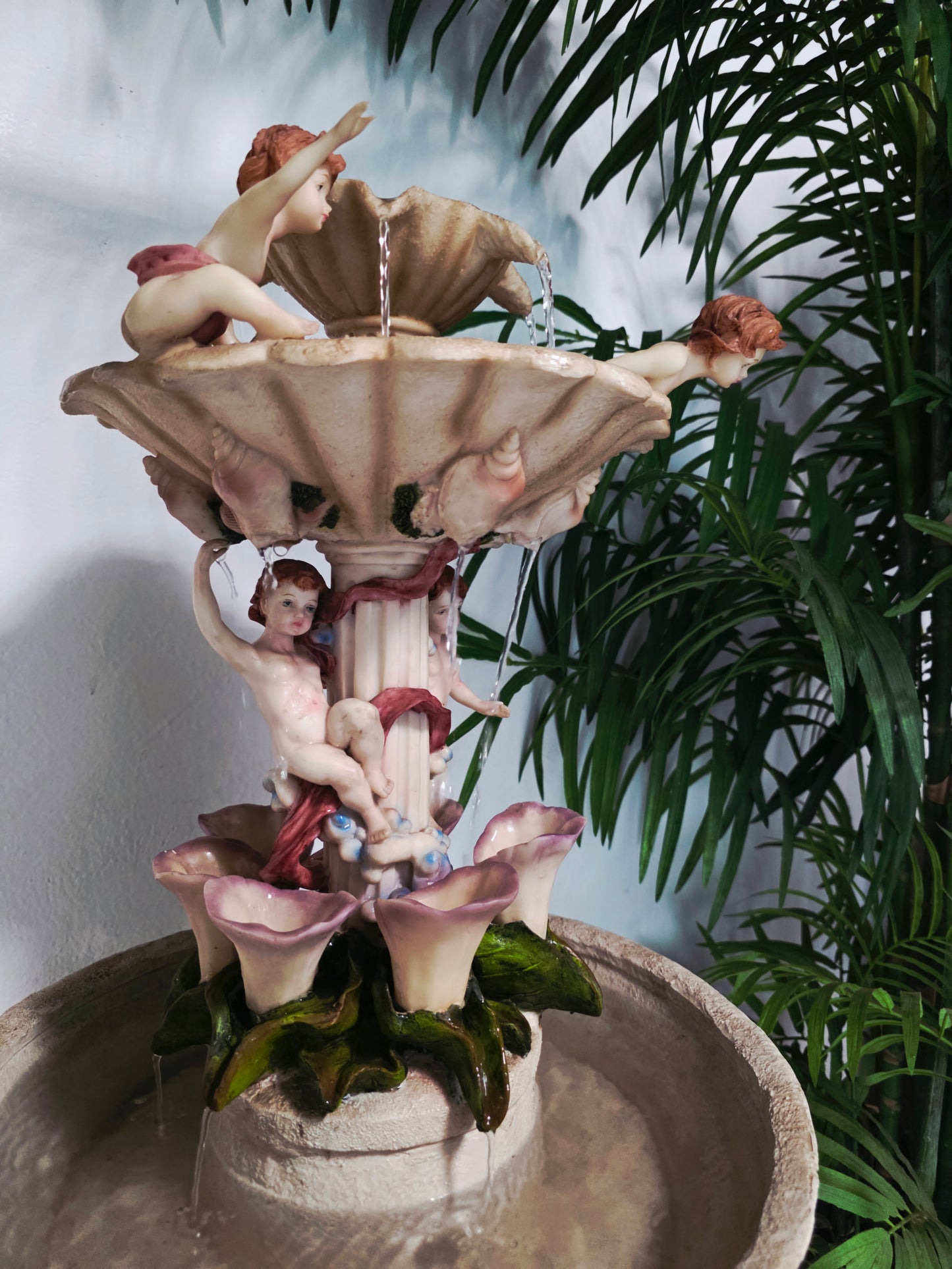 Cherub Fountain with Lilies in Polychrome Resin🕊️