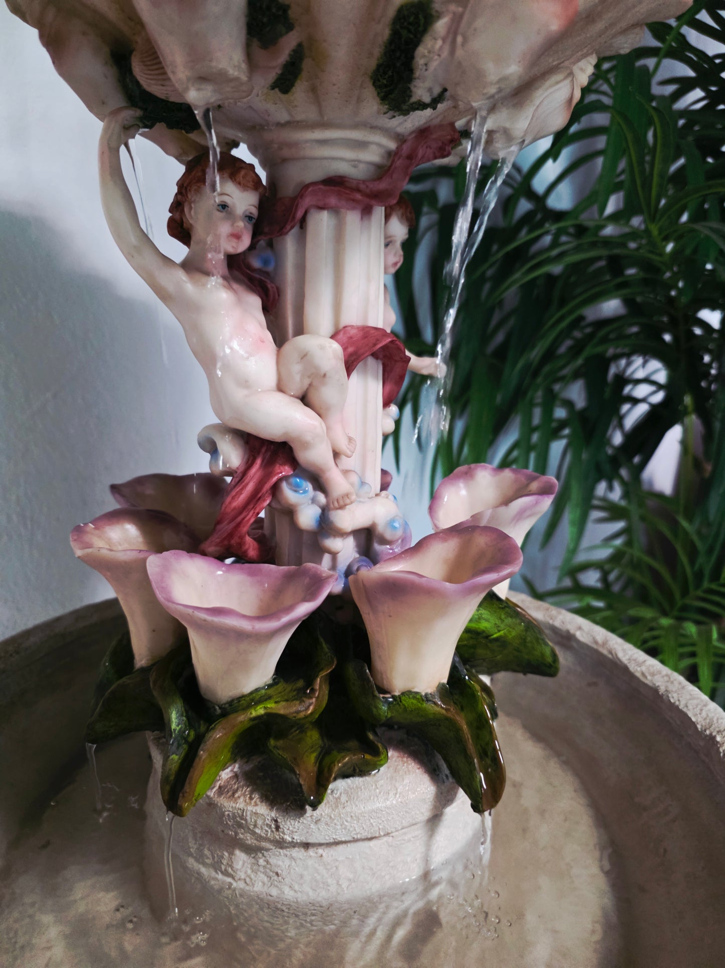 Cherub Fountain with Lilies in Polychrome Resin🕊️