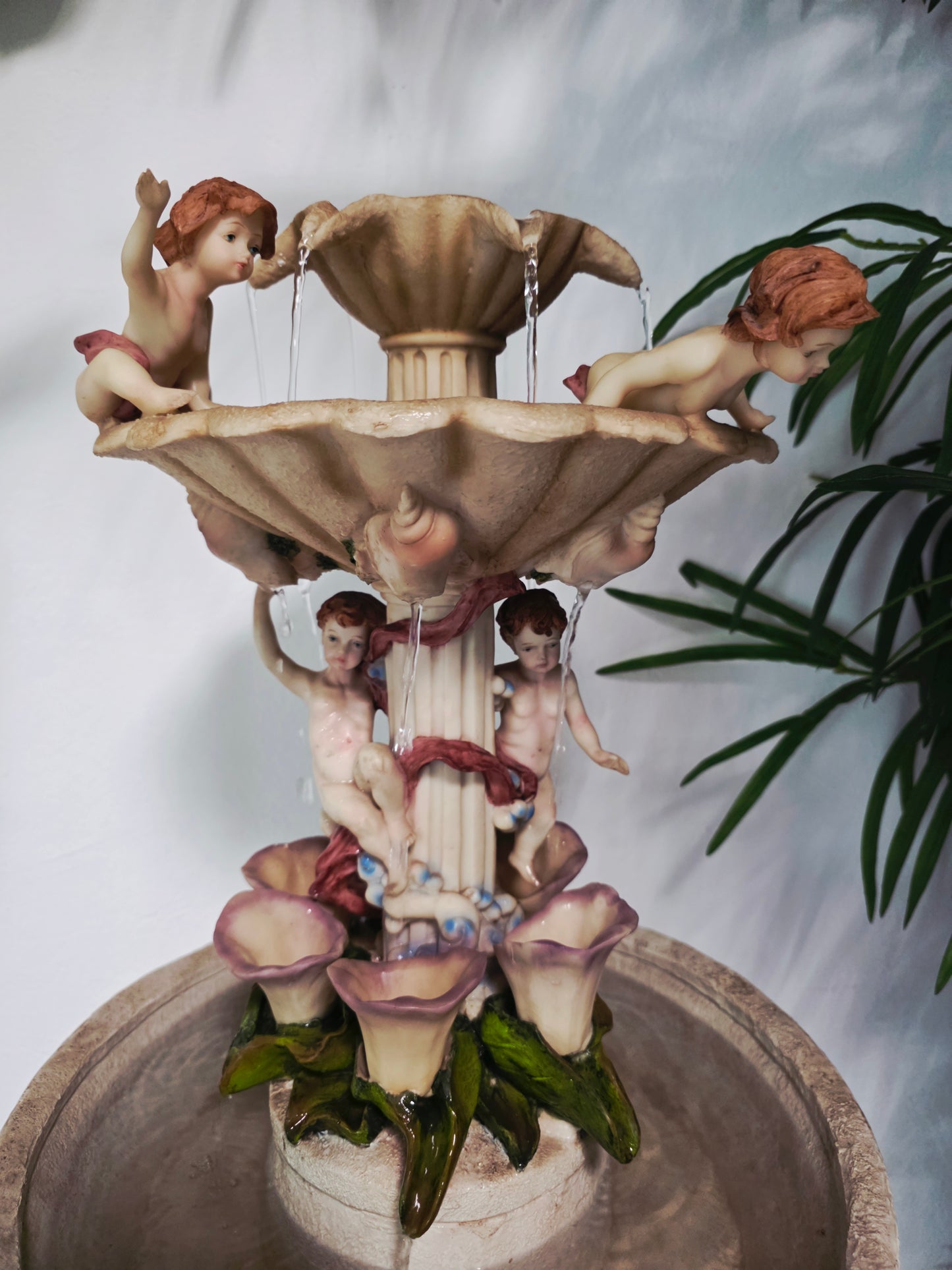 Cherub Fountain with Lilies in Polychrome Resin🕊️