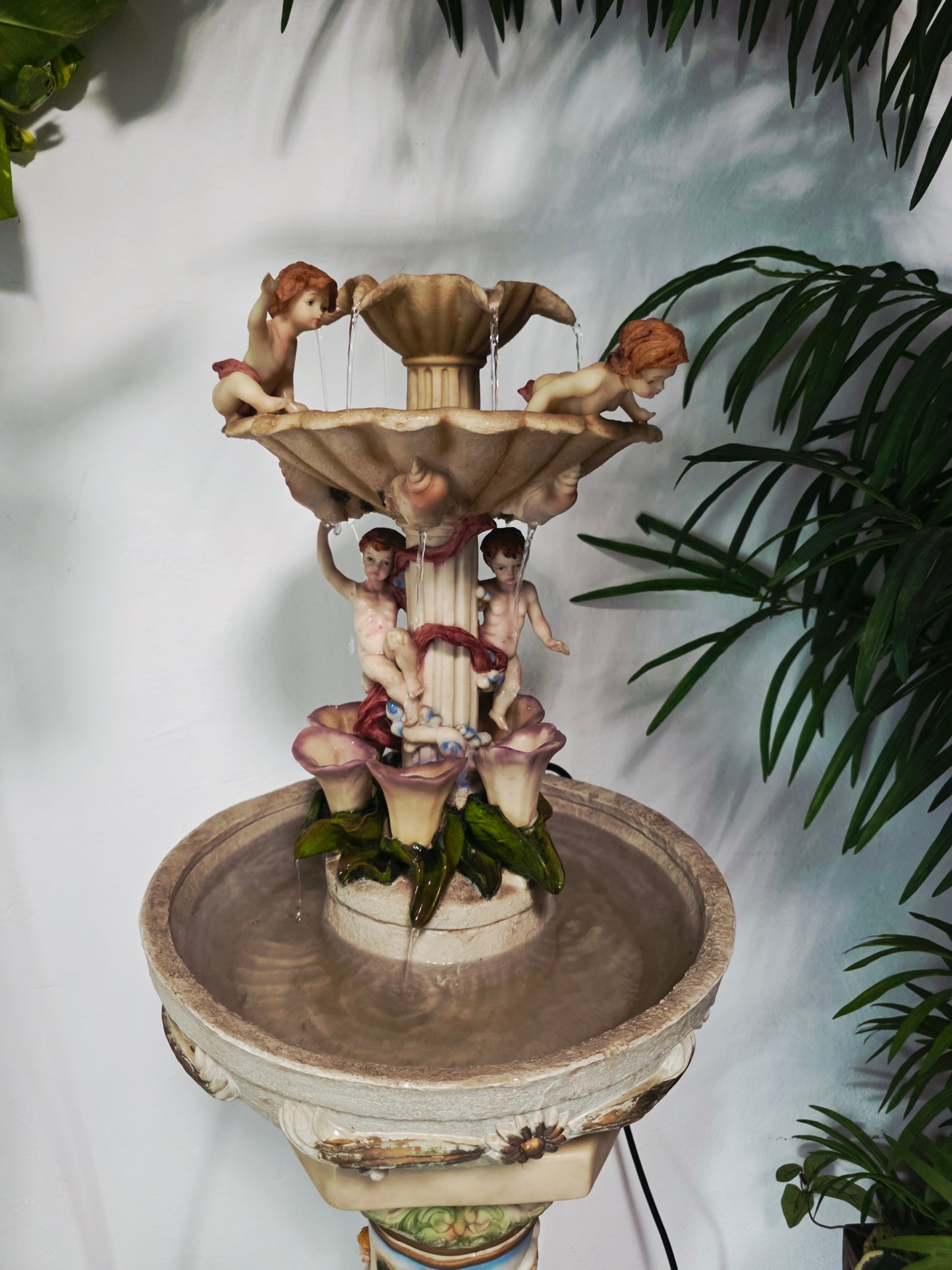 Cherub Fountain with Lilies in Polychrome Resin🕊️