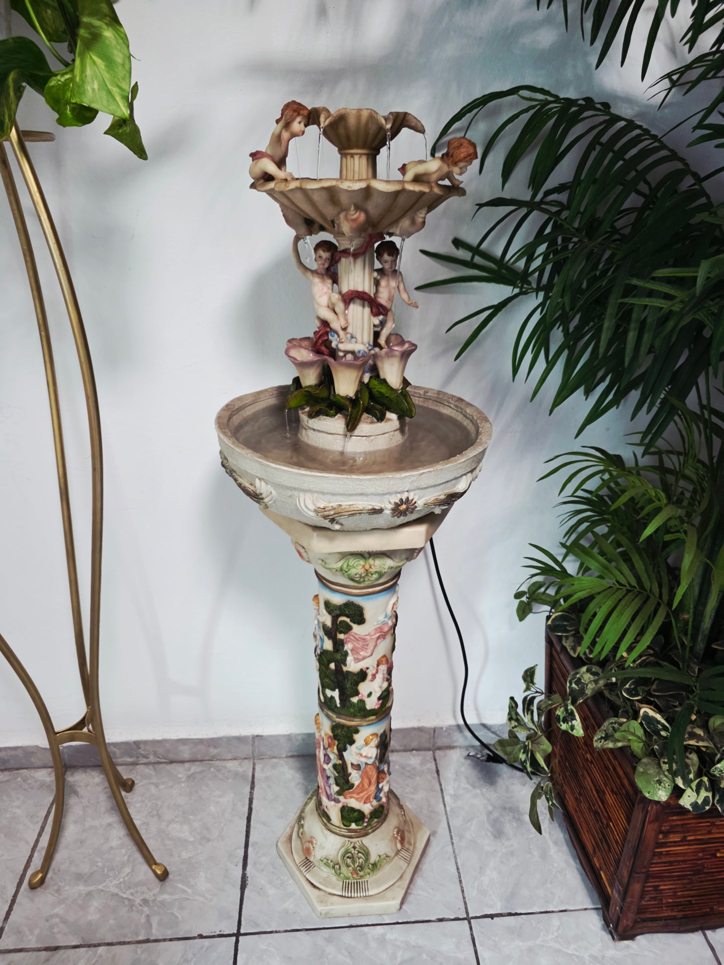 Cherub Fountain with Lilies in Polychrome Resin🕊️