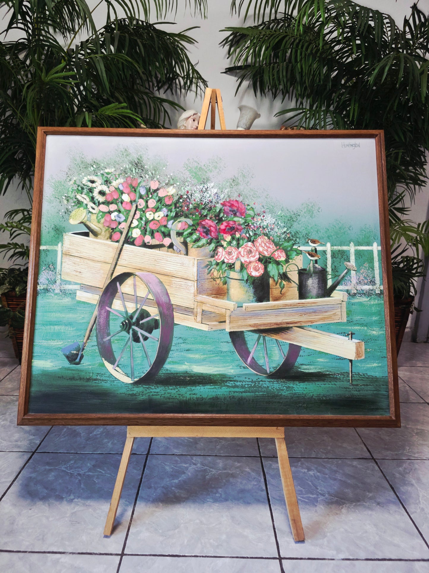 Cuadro al Oleo Firmado – Escena Floral con Carreta Campestre 🌸🌿🖌️