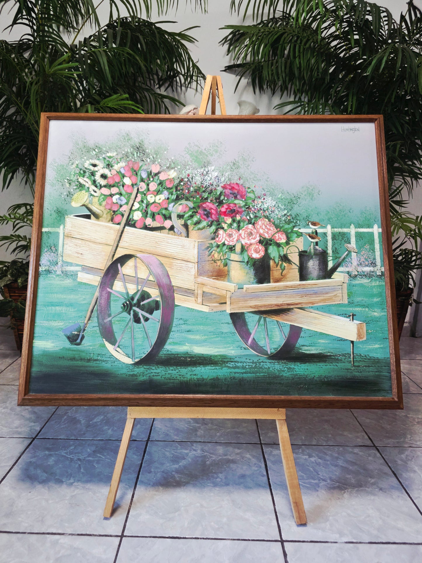 Cuadro al Oleo Firmado – Escena Floral con Carreta Campestre 🌸🌿🖌️