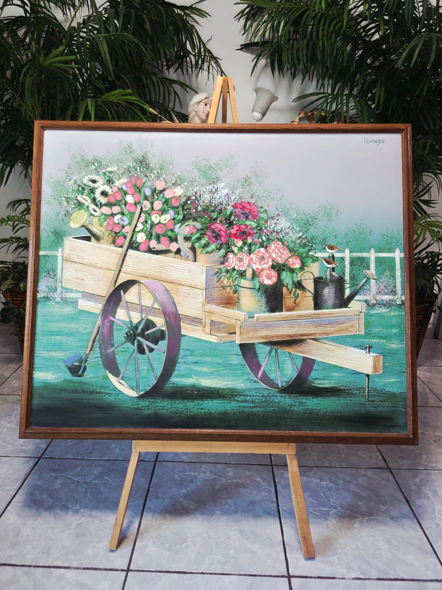 Cuadro al Oleo Firmado – Escena Floral con Carreta Campestre 🌸🌿🖌️