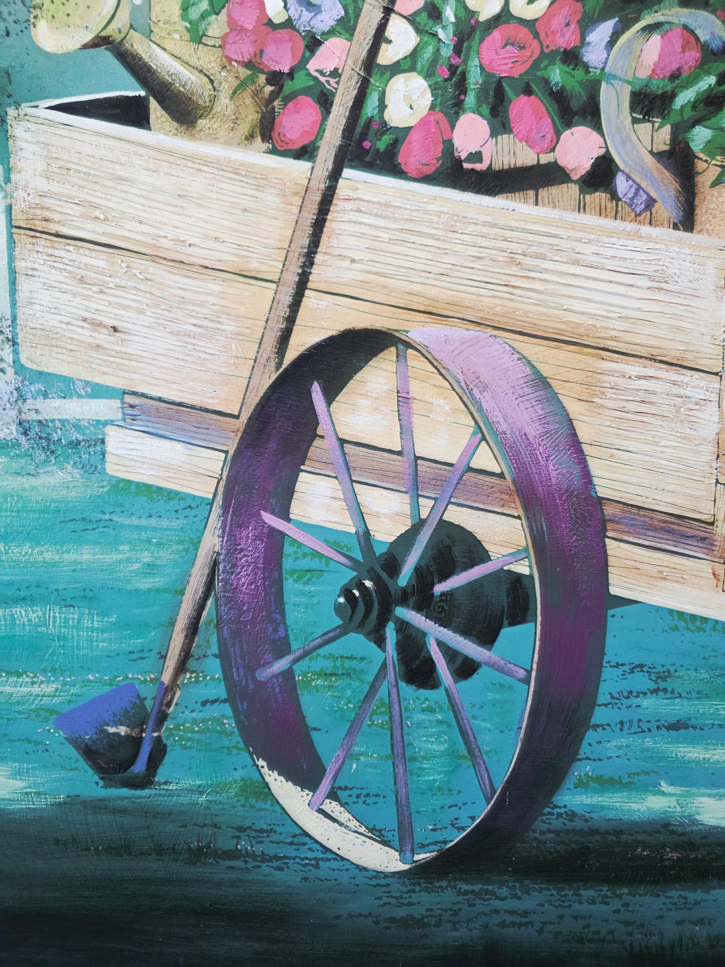 Cuadro al Oleo Firmado – Escena Floral con Carreta Campestre 🌸🌿🖌️