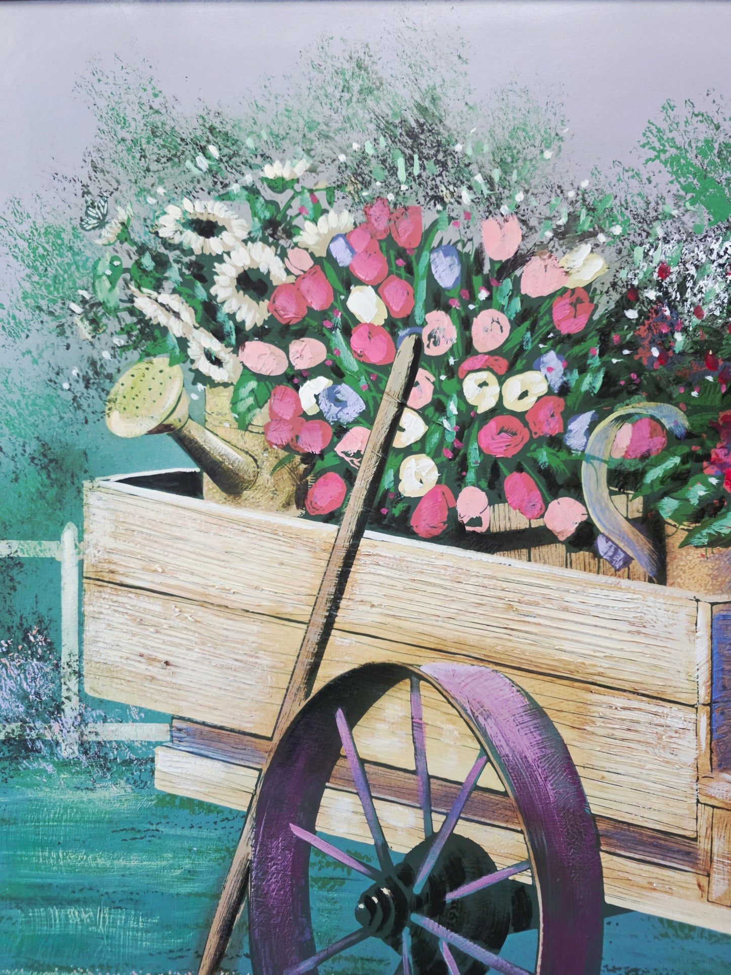 Cuadro al Oleo Firmado – Escena Floral con Carreta Campestre 🌸🌿🖌️