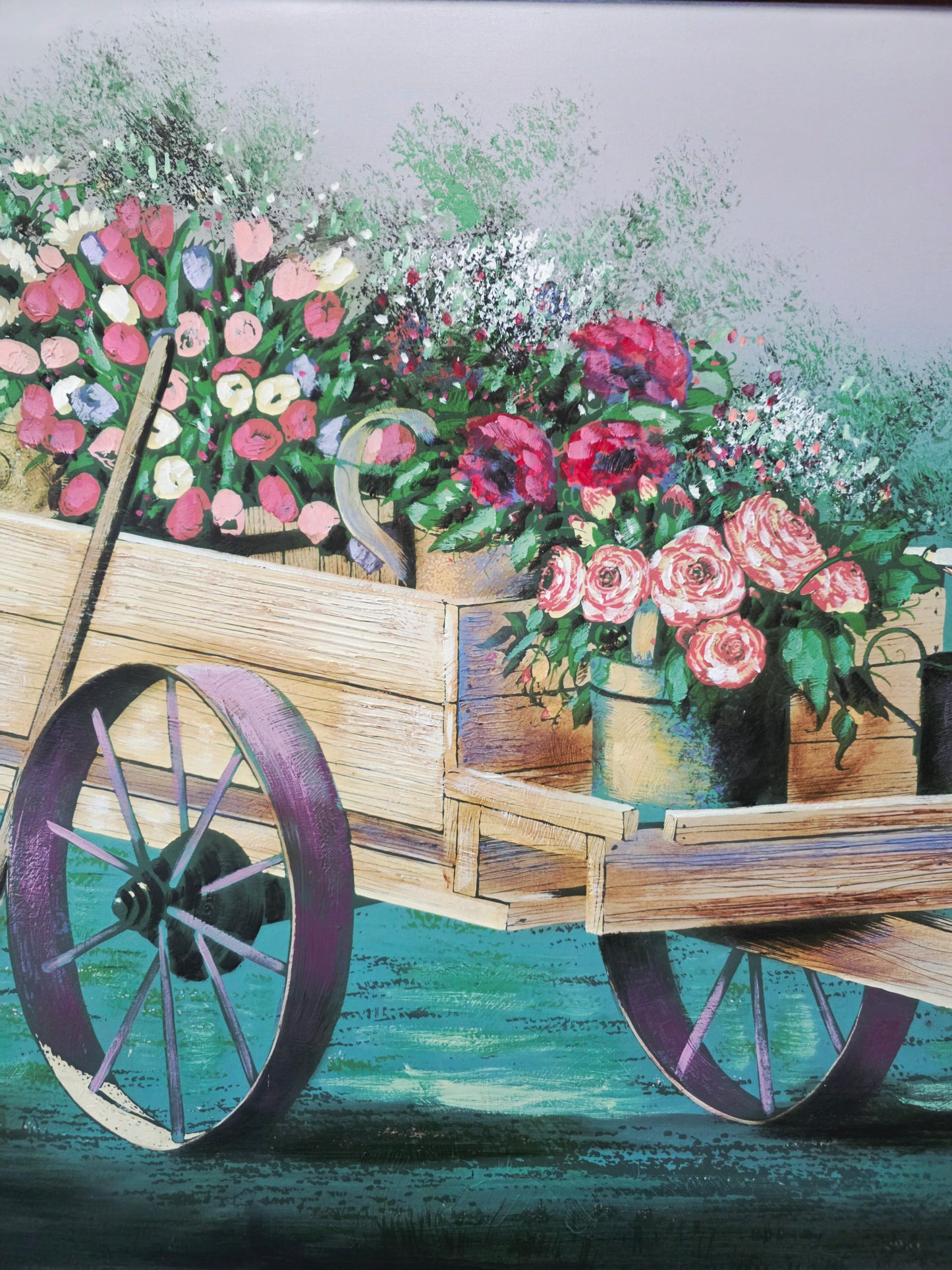 Cuadro al Oleo Firmado – Escena Floral con Carreta Campestre 🌸🌿🖌️