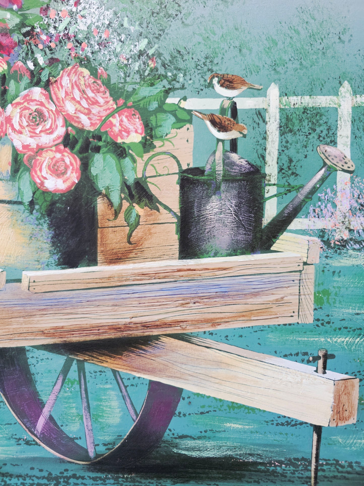 Cuadro al Oleo Firmado – Escena Floral con Carreta Campestre 🌸🌿🖌️