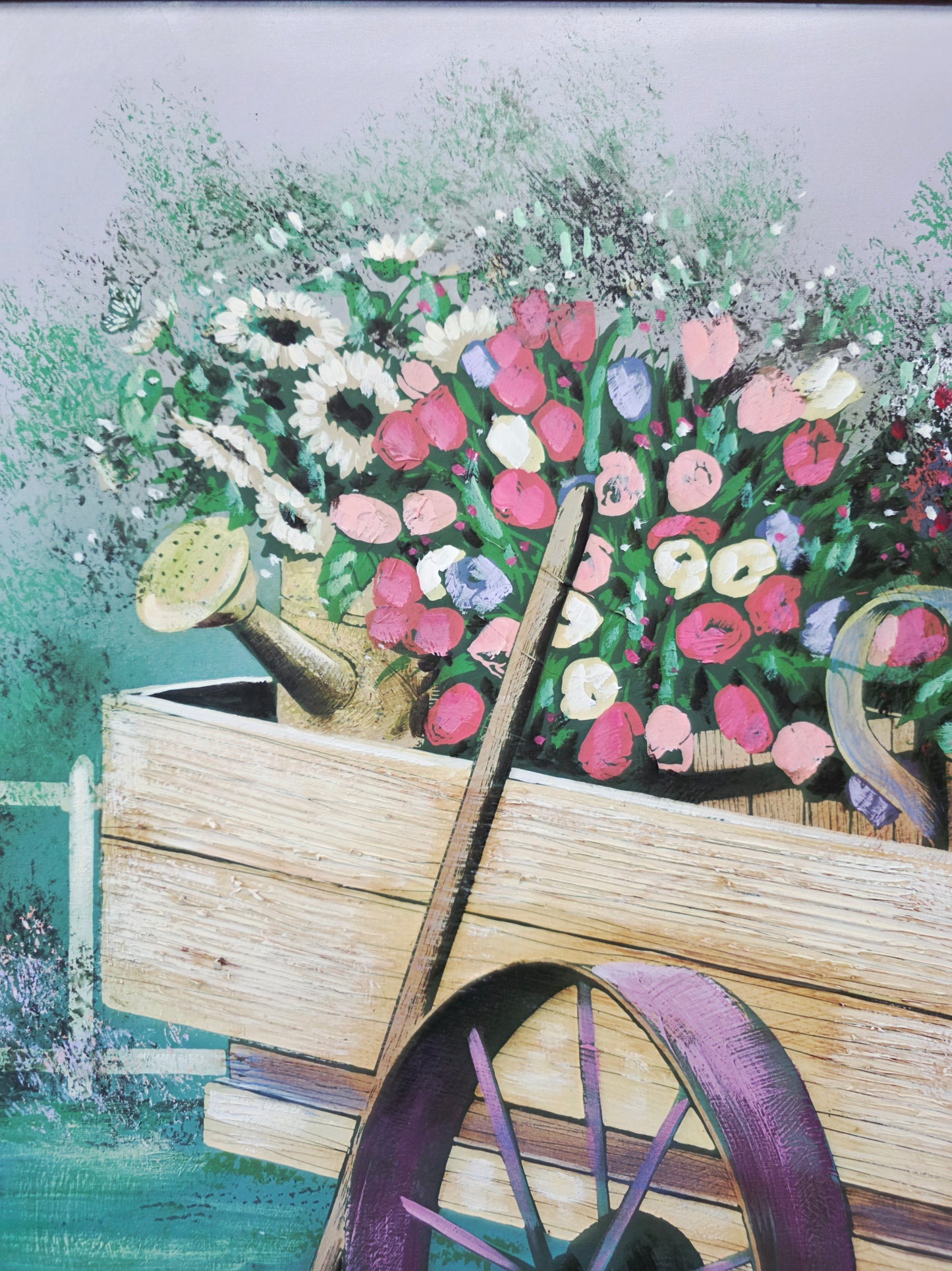 Cuadro al Oleo Firmado – Escena Floral con Carreta Campestre 🌸🌿🖌️