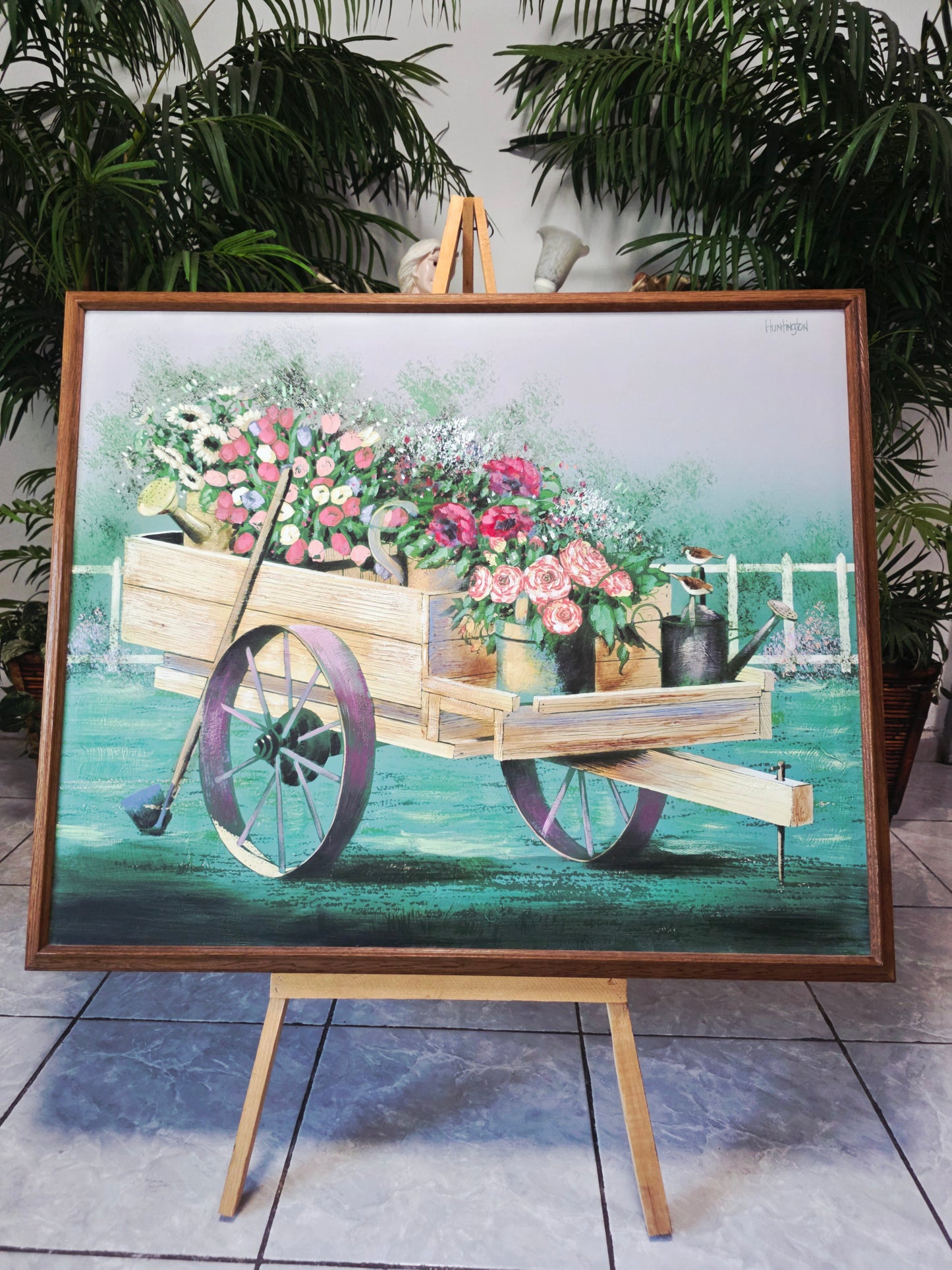 Cuadro al Oleo Firmado – Escena Floral con Carreta Campestre 🌸🌿🖌️