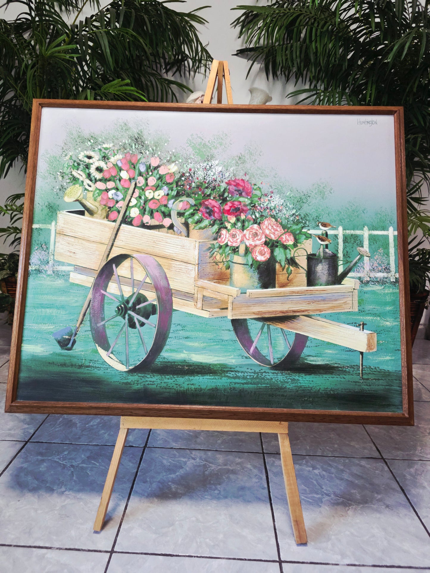 Cuadro al Oleo Firmado – Escena Floral con Carreta Campestre 🌸🌿🖌️