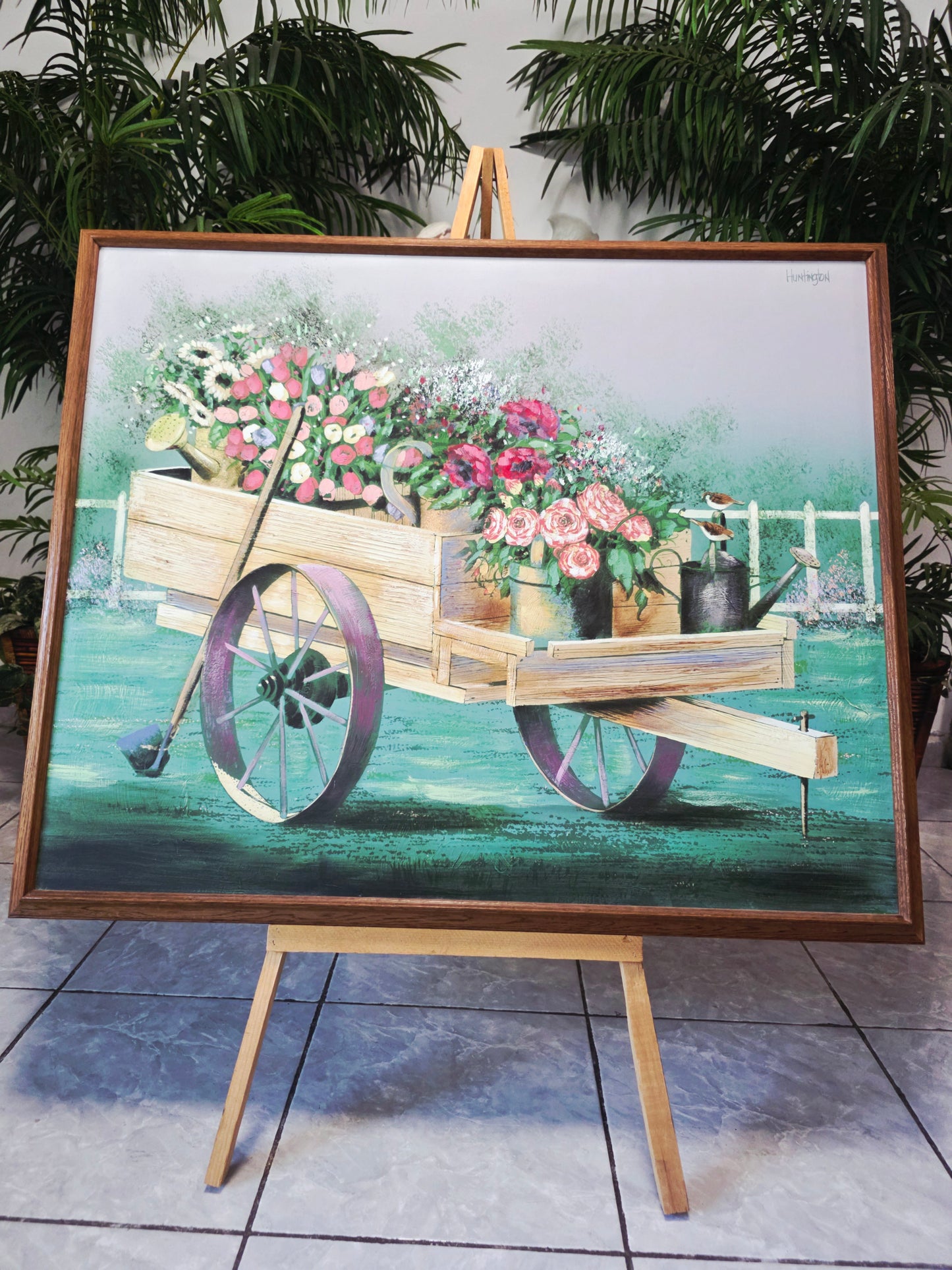 Cuadro al Oleo Firmado – Escena Floral con Carreta Campestre 🌸🌿🖌️