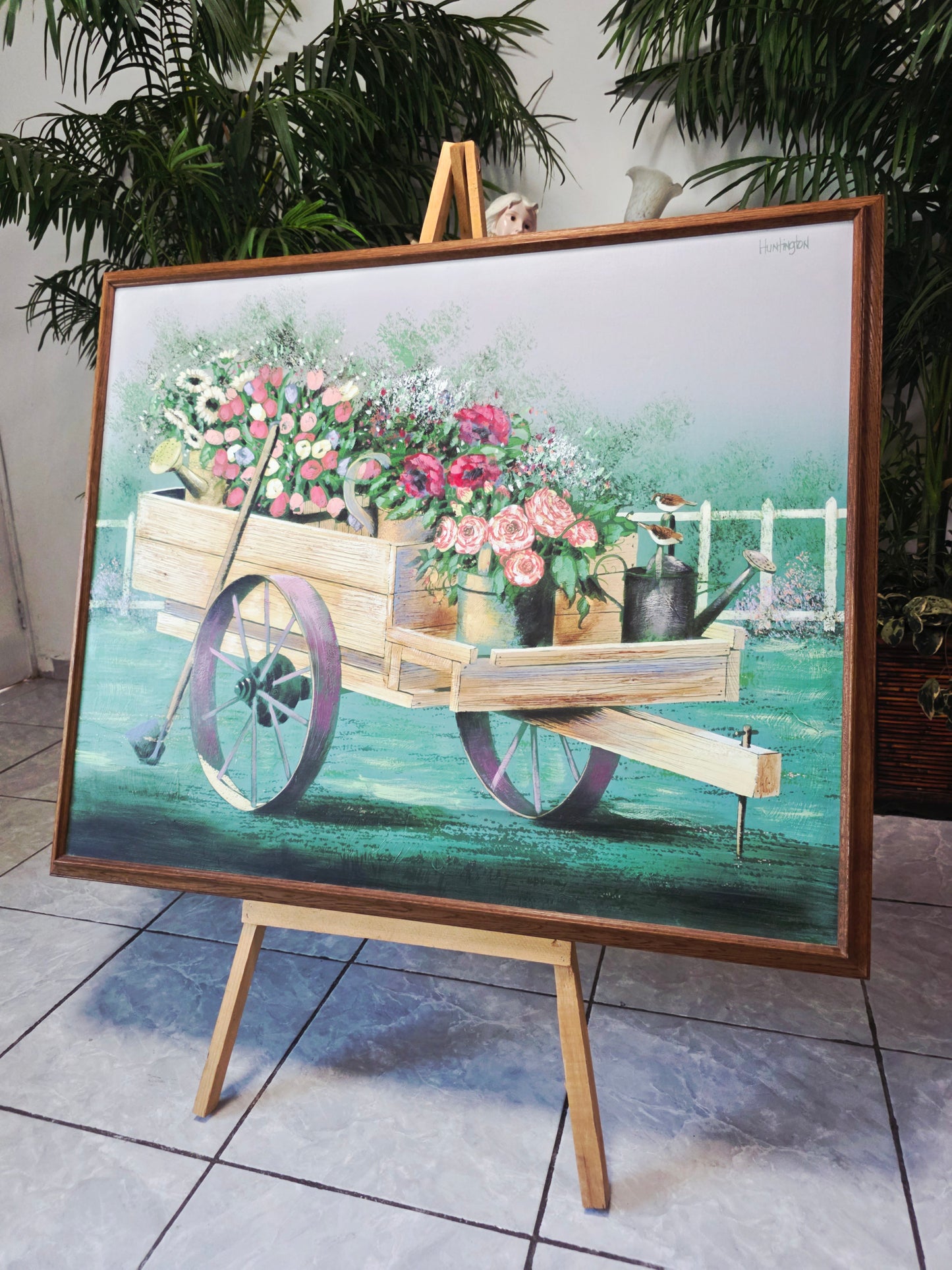 Cuadro al Oleo Firmado – Escena Floral con Carreta Campestre 🌸🌿🖌️