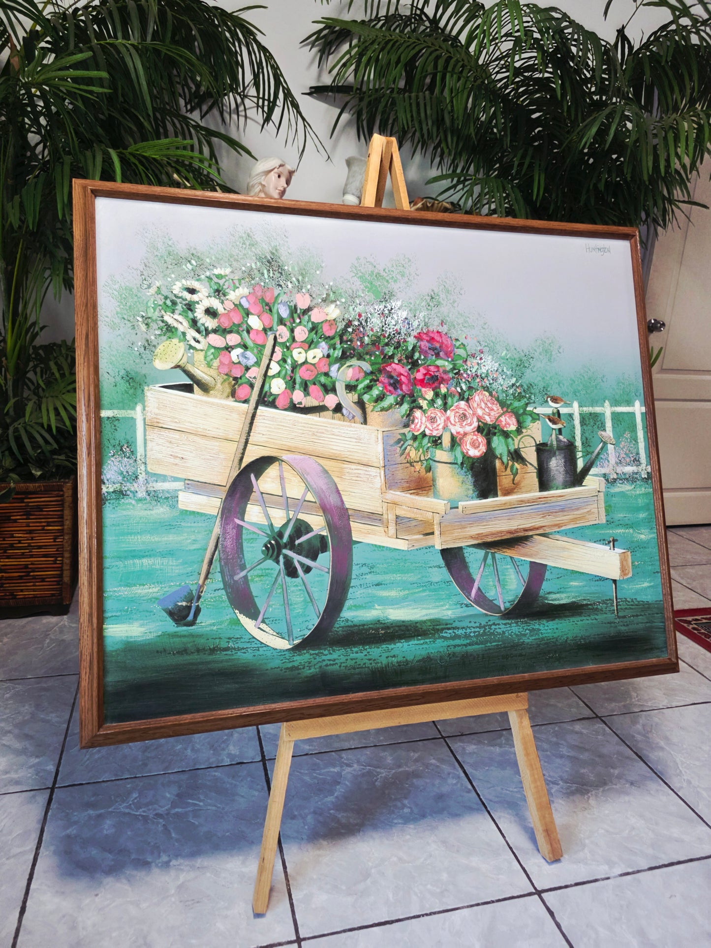 Cuadro al Oleo Firmado – Escena Floral con Carreta Campestre 🌸🌿🖌️