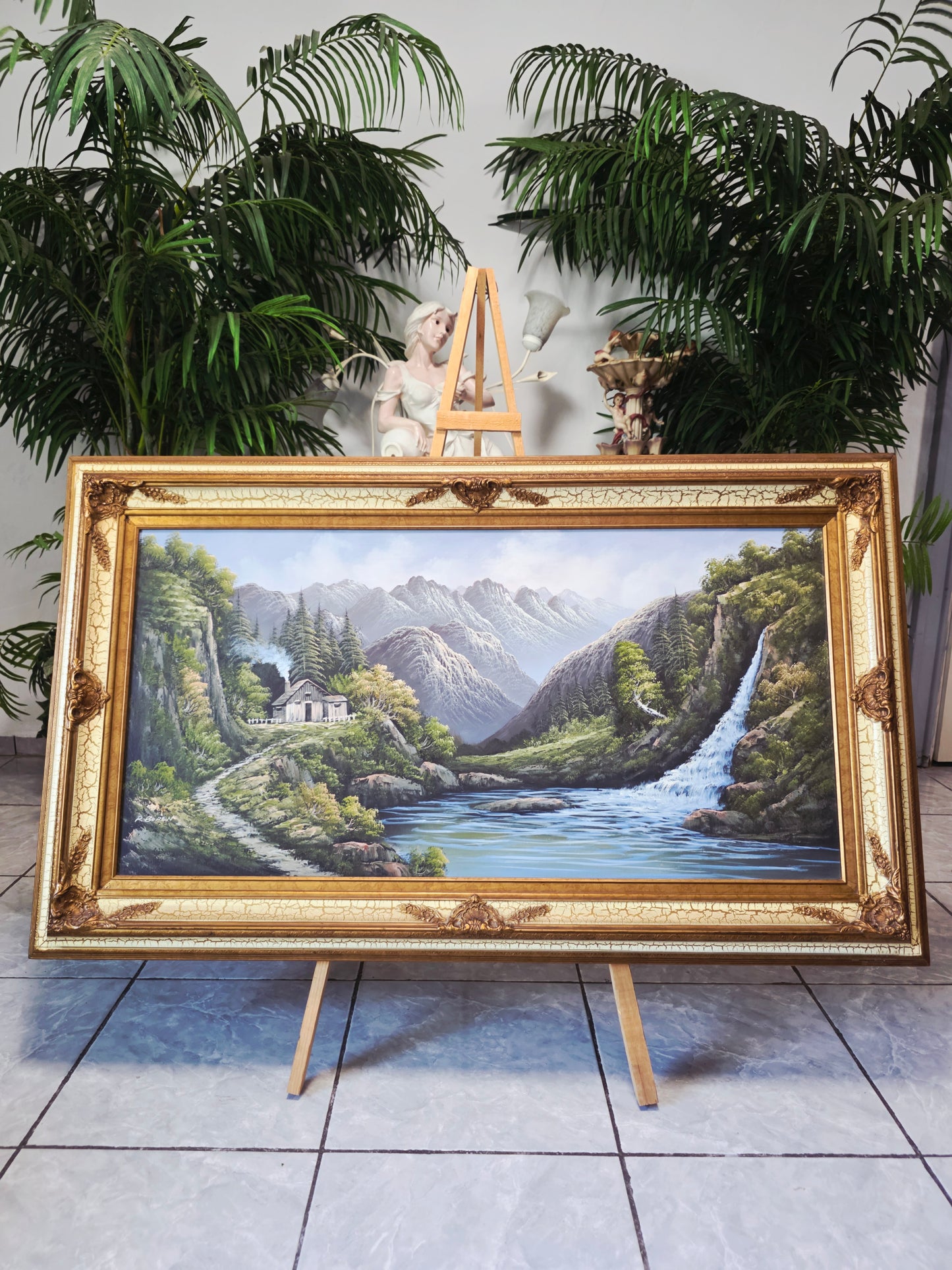 Pintura Original al Oleo – Cabaña entre Montañas y Lago por R. Boren 🖌️🎨