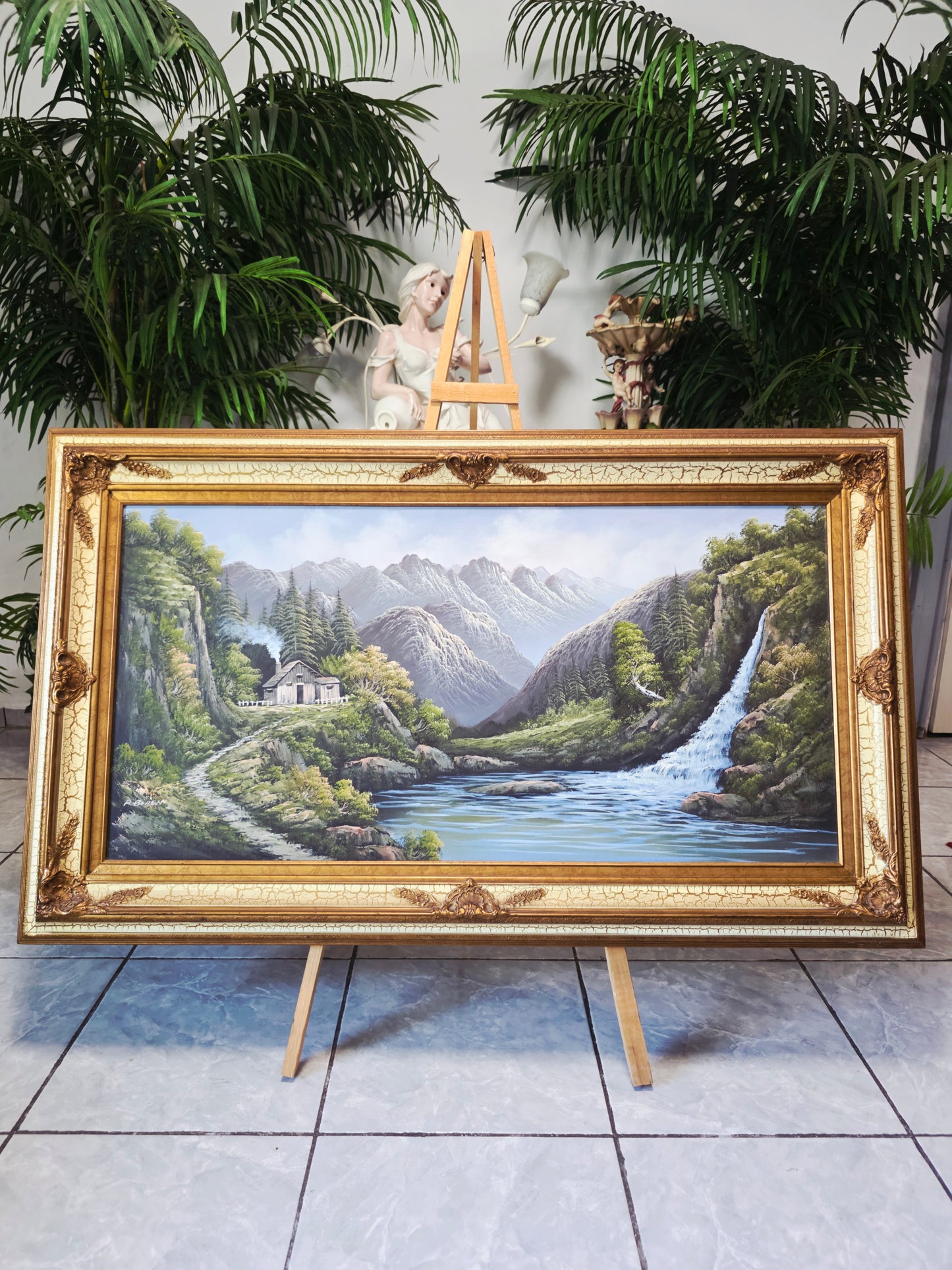 Pintura Original al Oleo – Cabaña entre Montañas y Lago por R. Boren 🖌️🎨