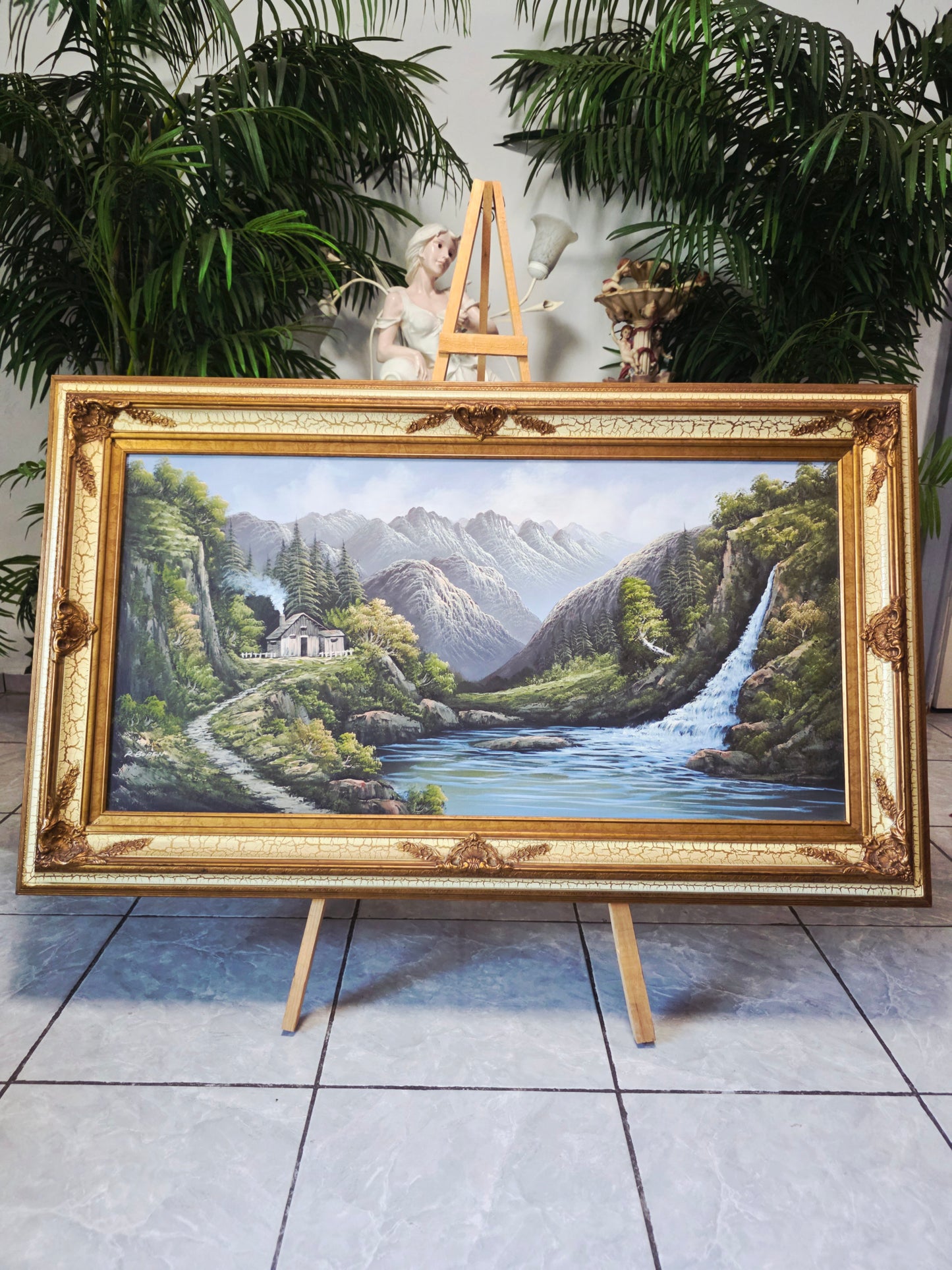 Pintura Original al Oleo – Cabaña entre Montañas y Lago por R. Boren 🖌️🎨
