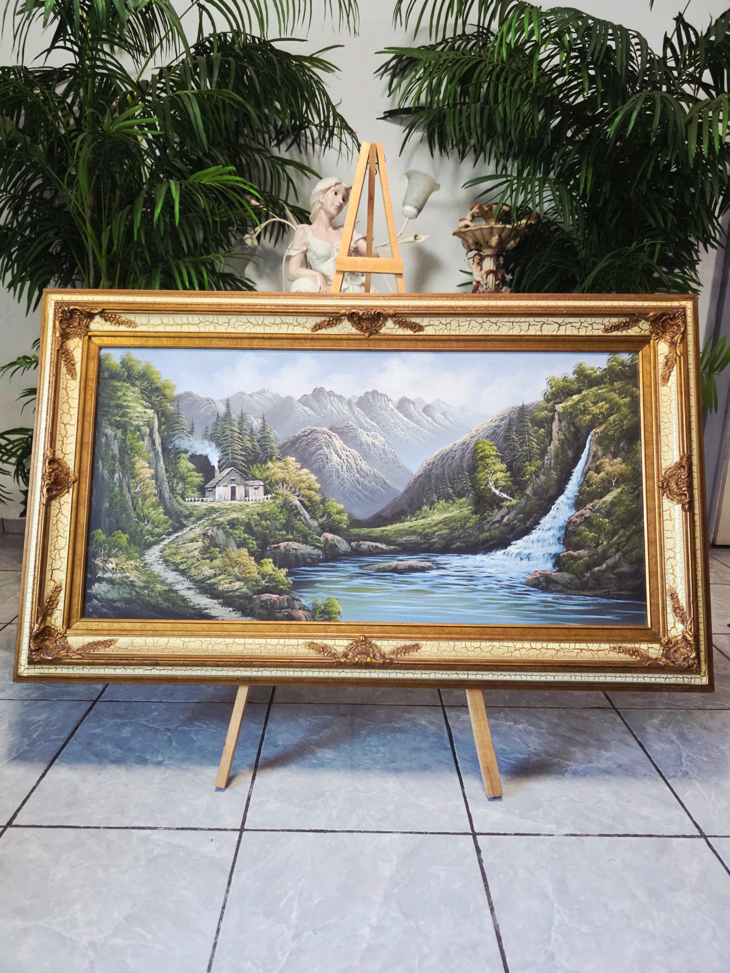 Pintura Original al Oleo – Cabaña entre Montañas y Lago por R. Boren 🖌️🎨