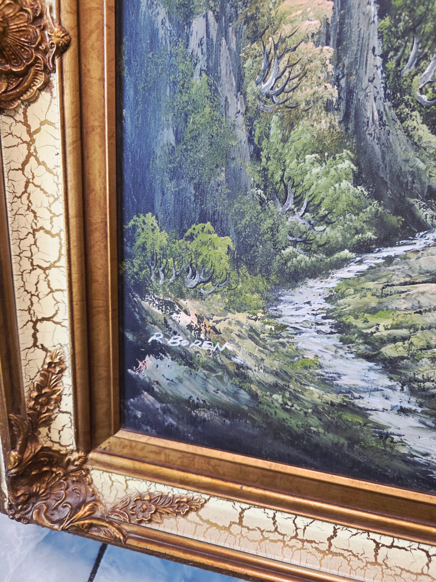 Pintura Original al Oleo – Cabaña entre Montañas y Lago por R. Boren 🖌️🎨