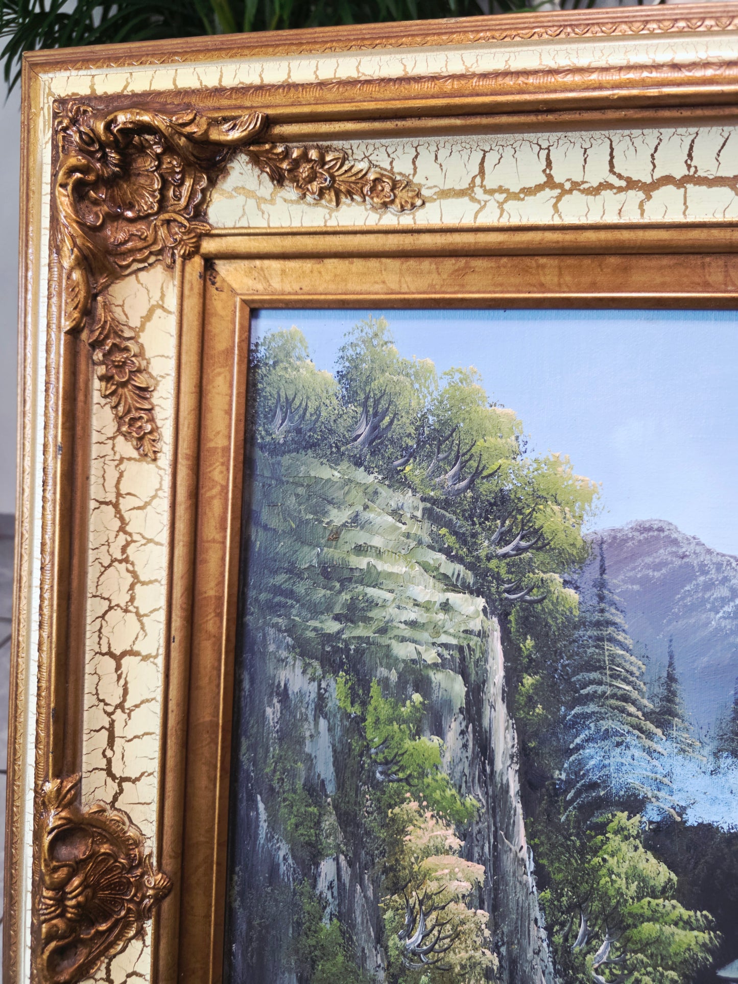 Pintura Original al Oleo – Cabaña entre Montañas y Lago por R. Boren 🖌️🎨