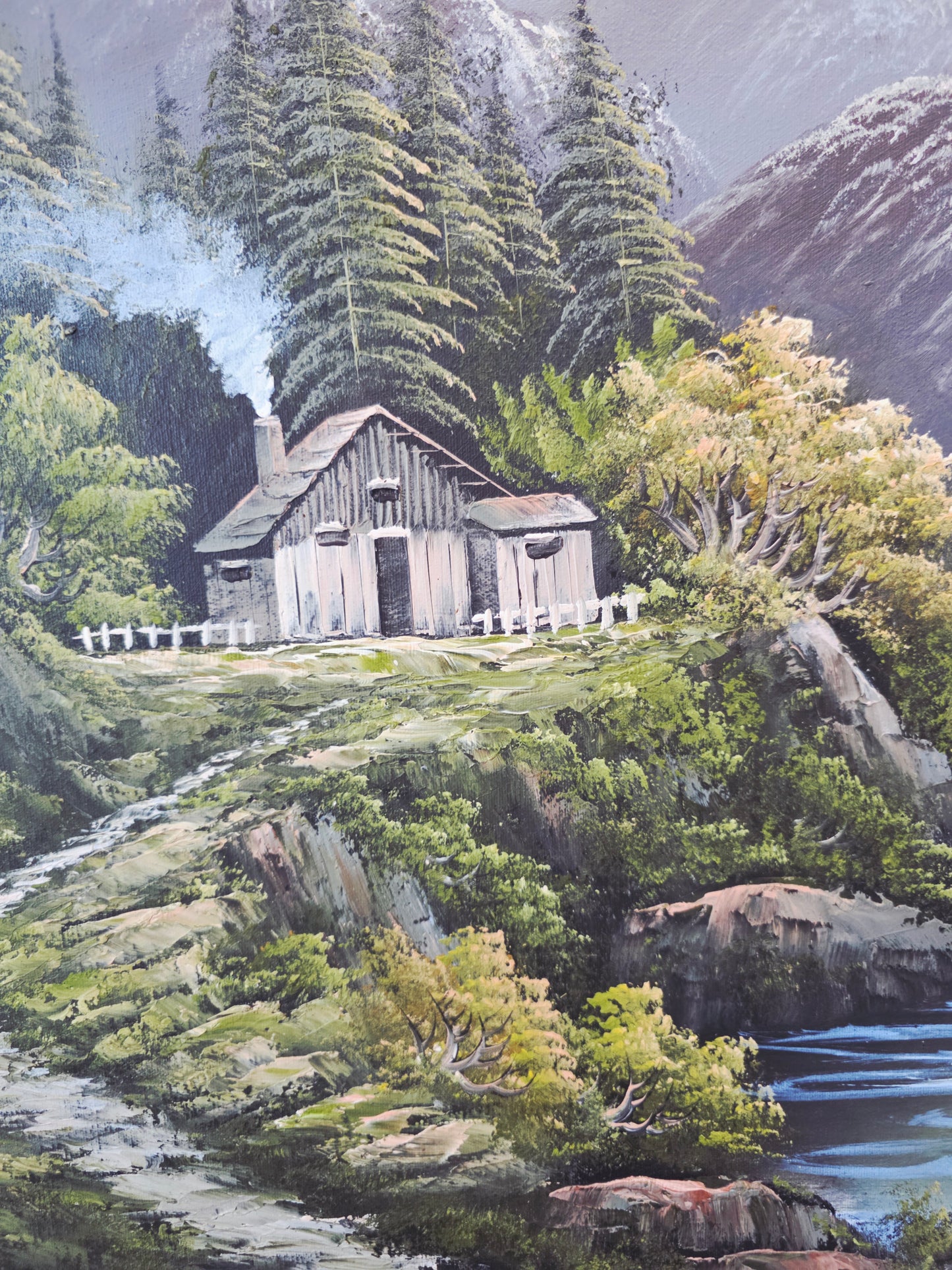 Pintura Original al Oleo – Cabaña entre Montañas y Lago por R. Boren 🖌️🎨