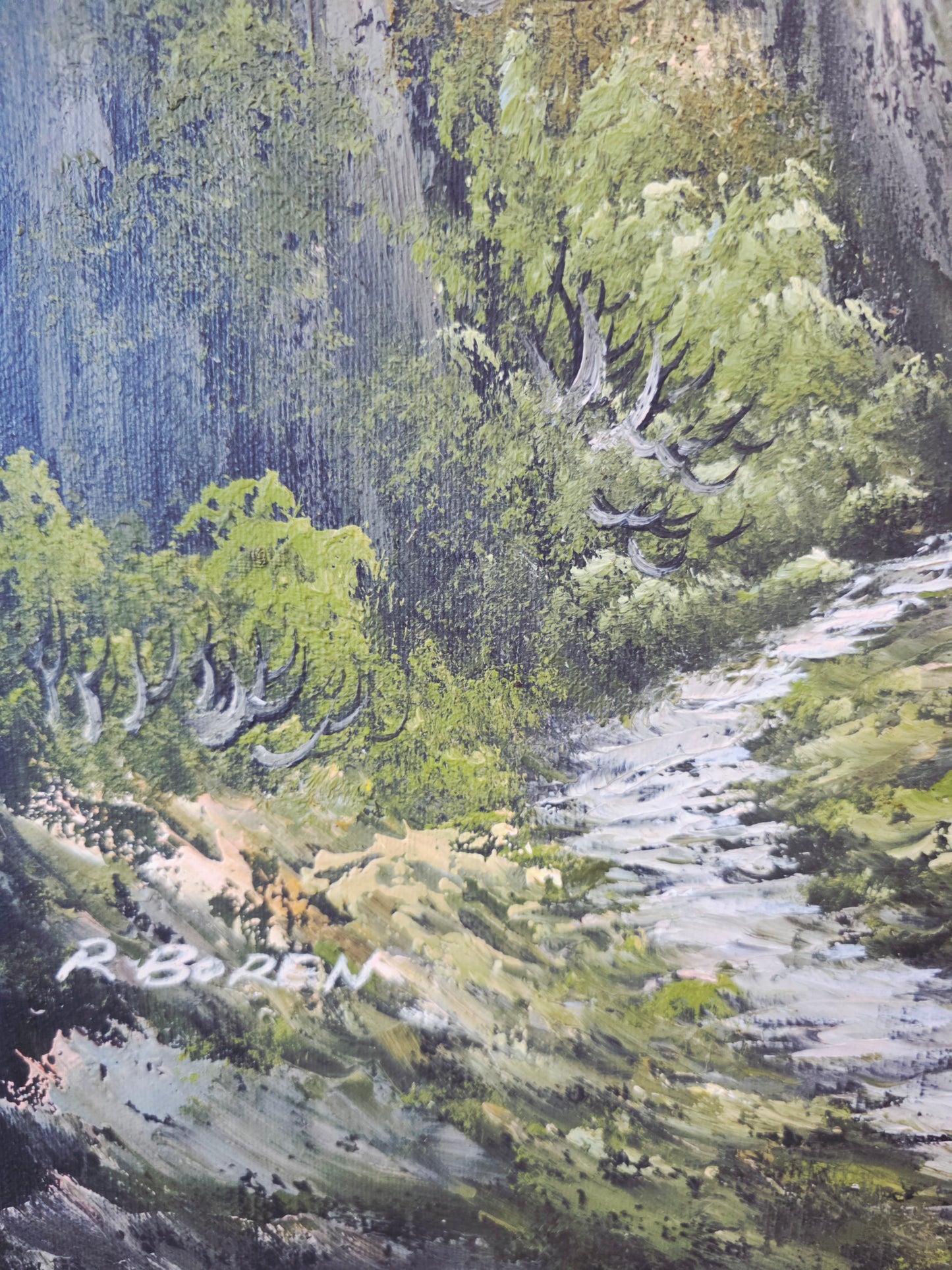 Pintura Original al Oleo – Cabaña entre Montañas y Lago por R. Boren 🖌️🎨