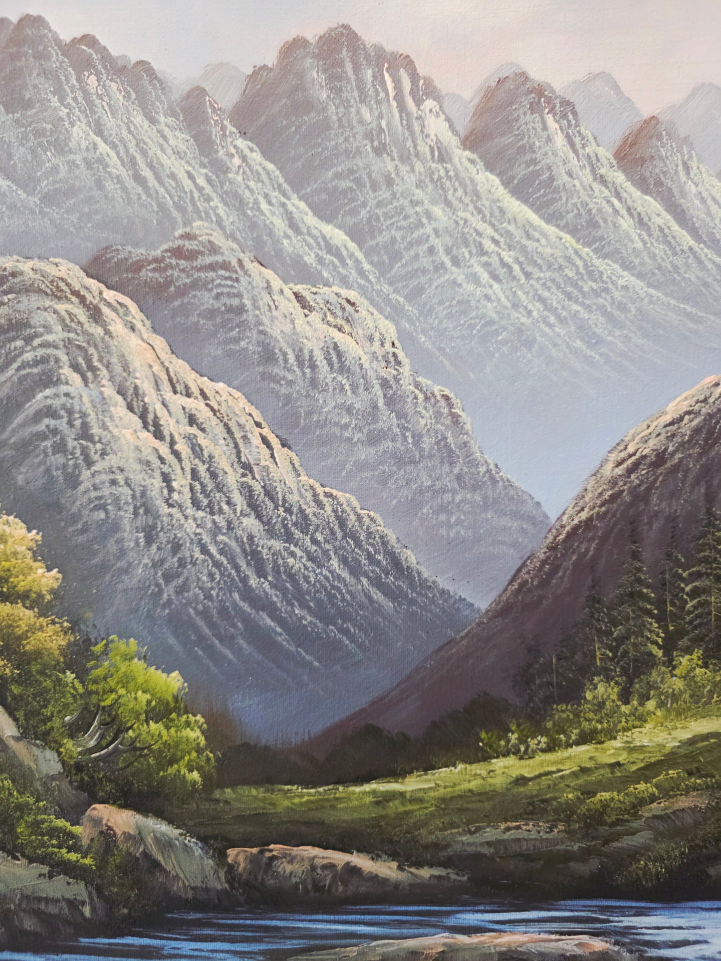 Pintura Original al Oleo – Cabaña entre Montañas y Lago por R. Boren 🖌️🎨