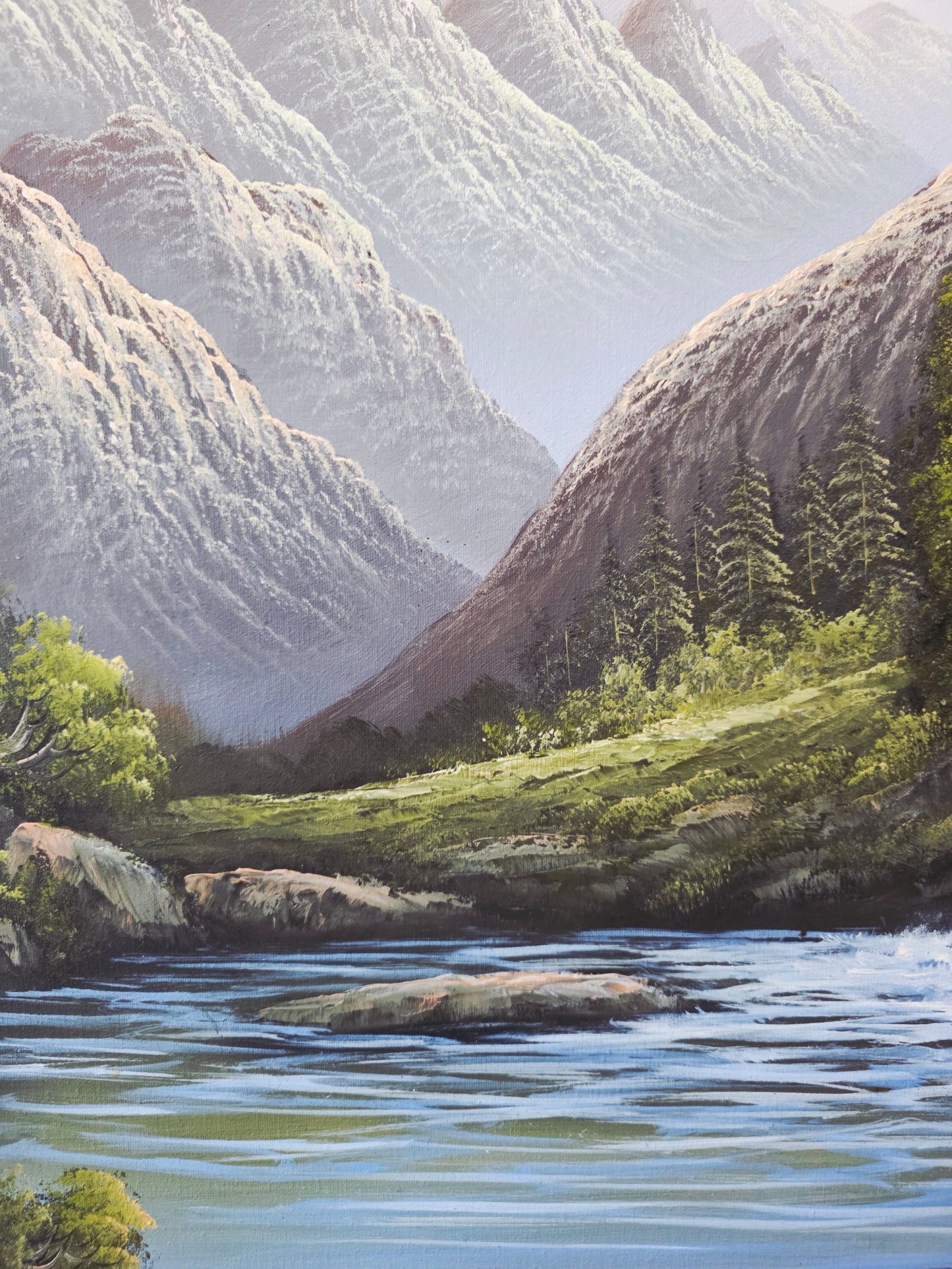 Pintura Original al Oleo – Cabaña entre Montañas y Lago por R. Boren 🖌️🎨