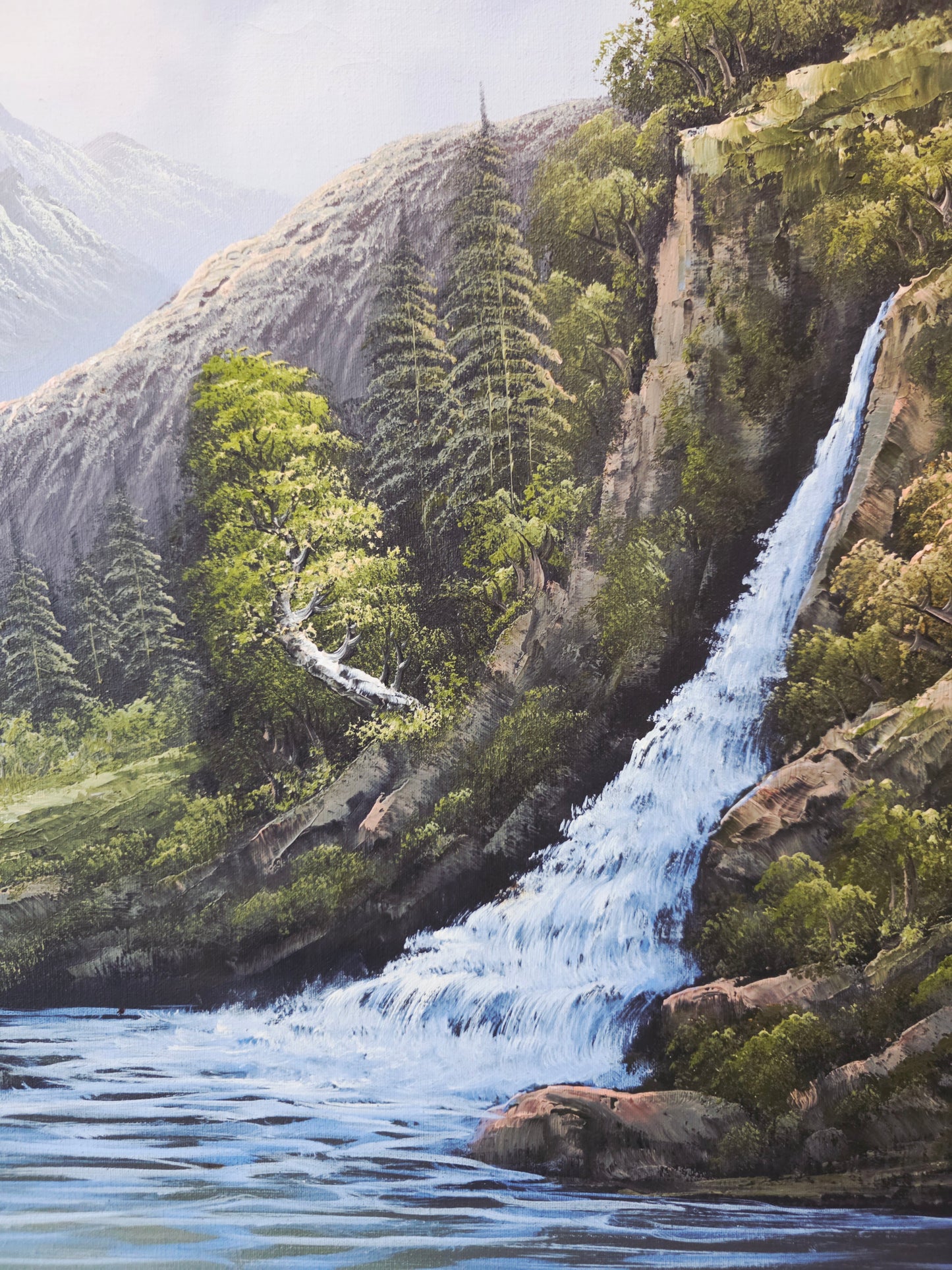 Pintura Original al Oleo – Cabaña entre Montañas y Lago por R. Boren 🖌️🎨