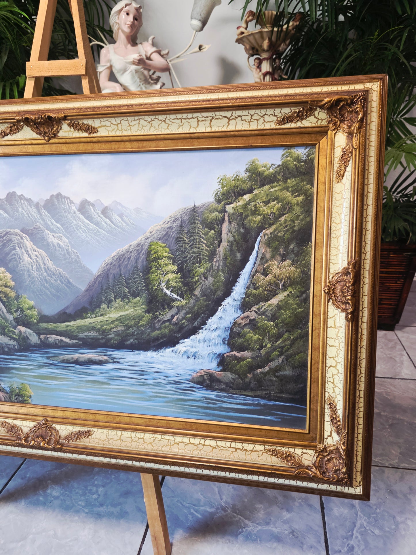 Pintura Original al Oleo – Cabaña entre Montañas y Lago por R. Boren 🖌️🎨