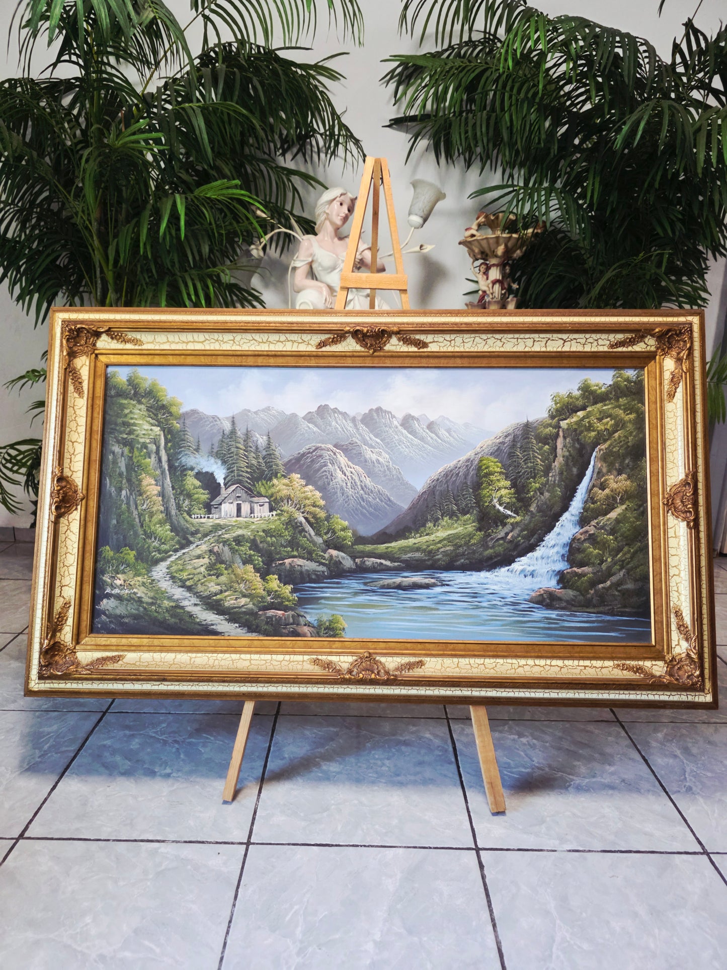 Pintura Original al Oleo – Cabaña entre Montañas y Lago por R. Boren 🖌️🎨