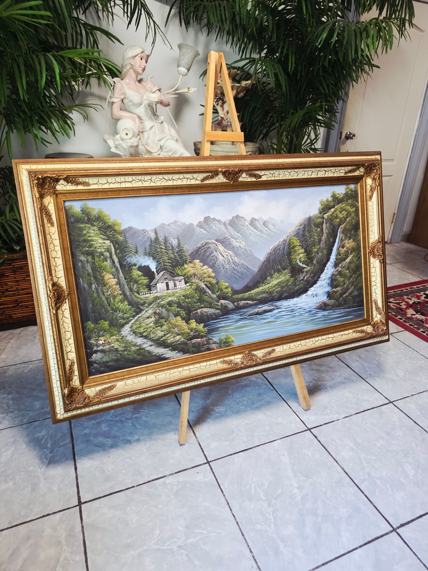 Pintura Original al Oleo – Cabaña entre Montañas y Lago por R. Boren 🖌️🎨