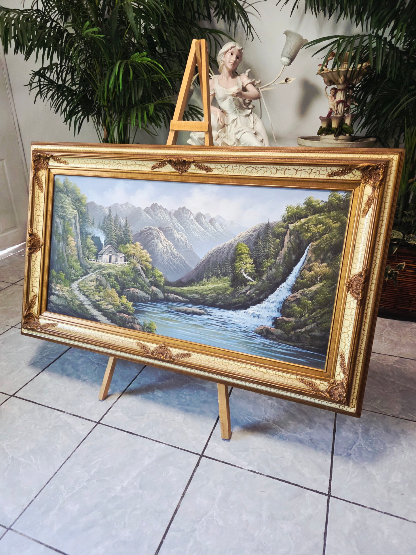 Pintura Original al Oleo – Cabaña entre Montañas y Lago por R. Boren 🖌️🎨