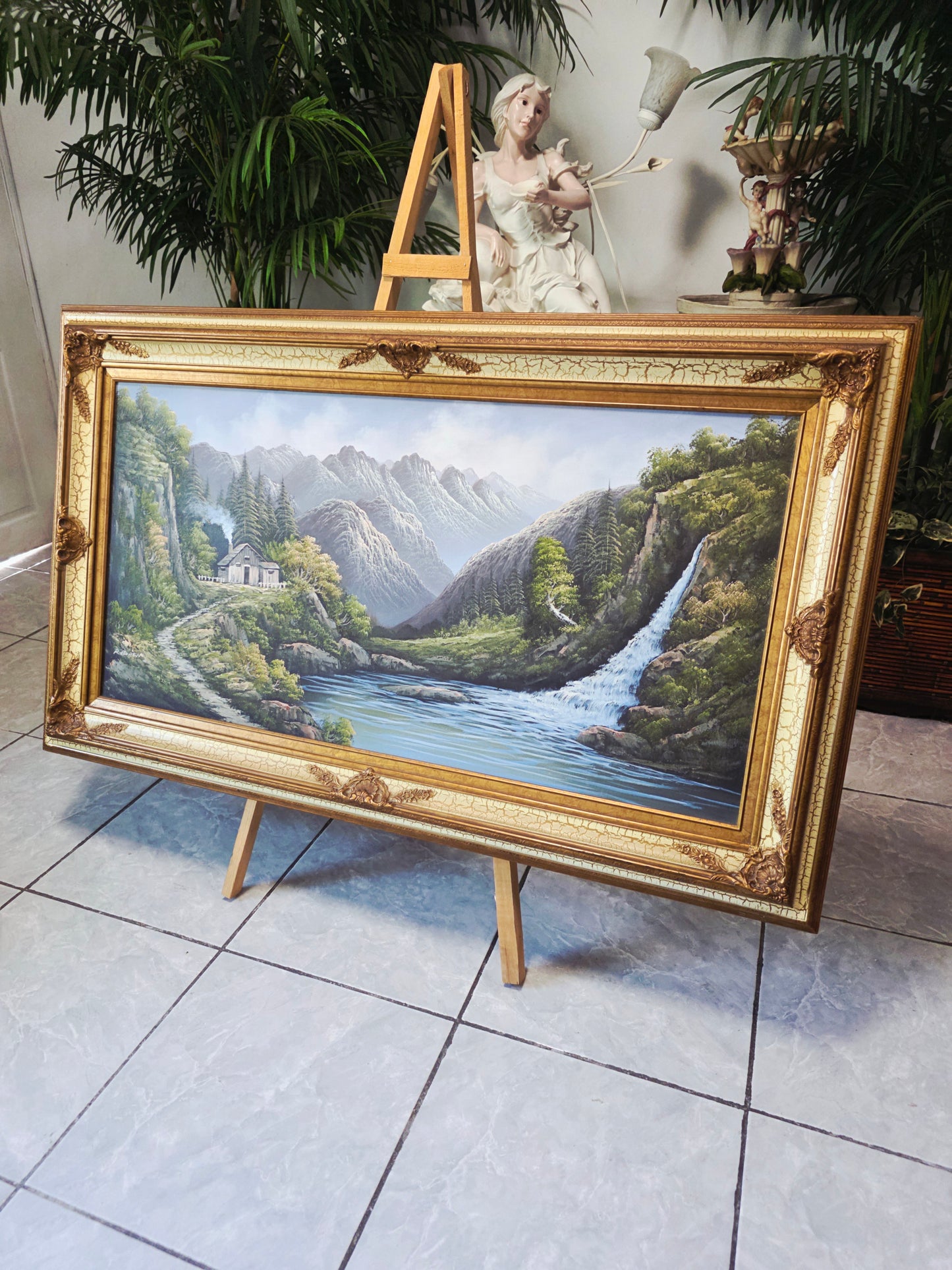 Pintura Original al Oleo – Cabaña entre Montañas y Lago por R. Boren 🖌️🎨