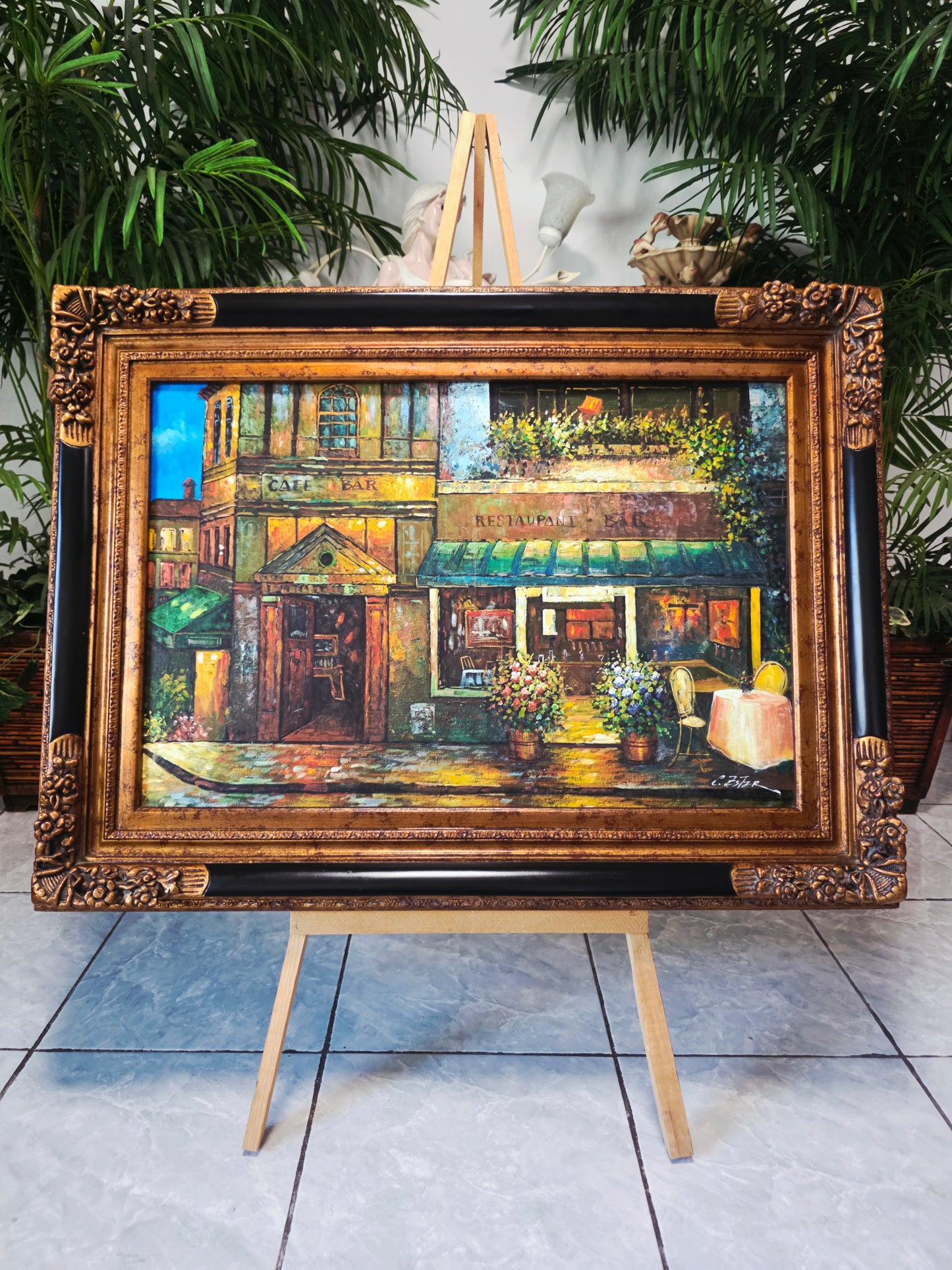 Cuadro al Oleo Firmado por C. Ester – Escena Urbana con Café Europeo 🌸🌿🖌️