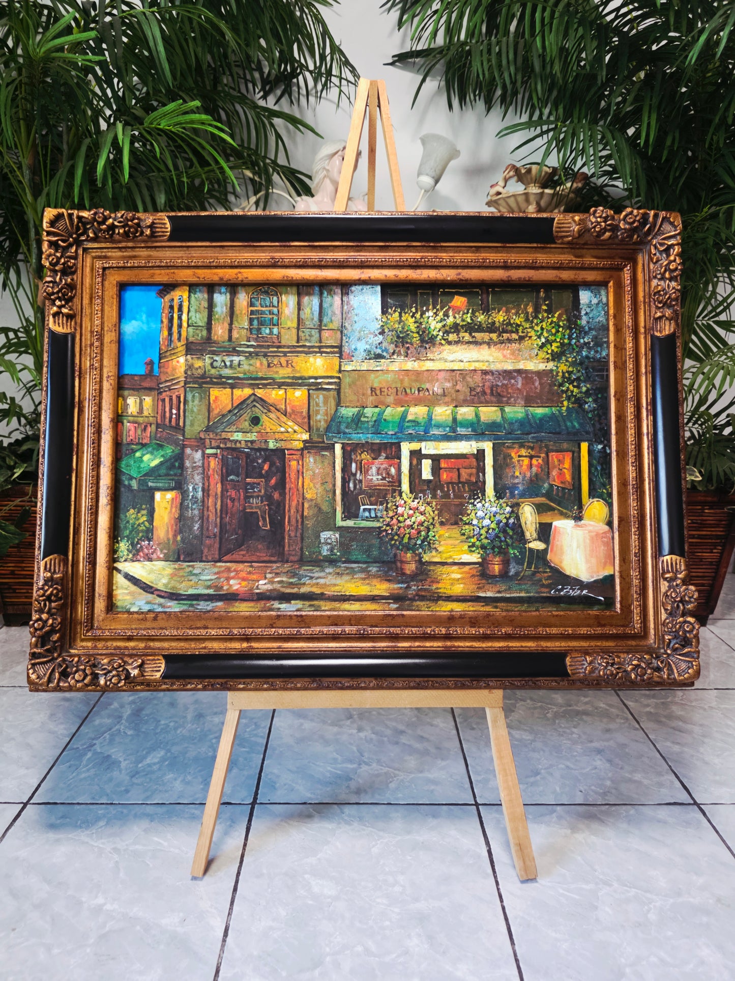 Cuadro al Oleo Firmado por C. Ester – Escena Urbana con Café Europeo 🌸🌿🖌️