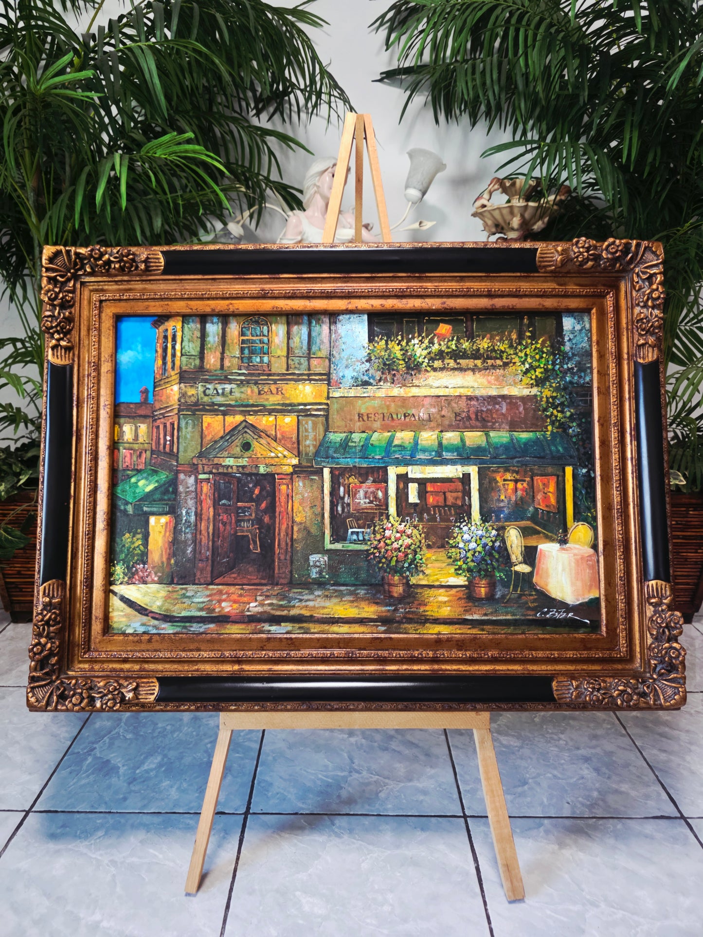 Cuadro al Oleo Firmado por C. Ester – Escena Urbana con Café Europeo 🌸🌿🖌️