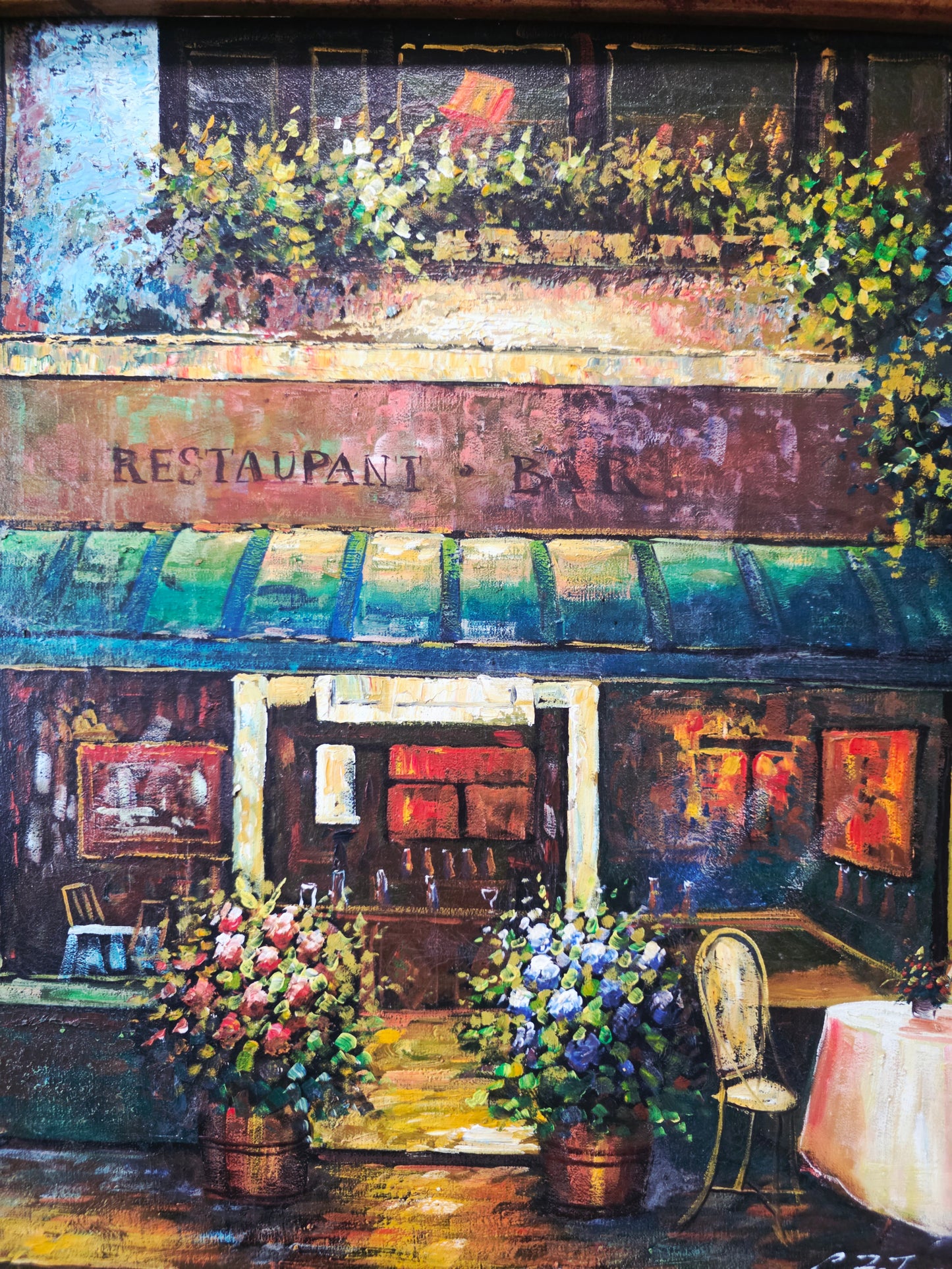 Cuadro al Oleo Firmado por C. Ester – Escena Urbana con Café Europeo 🌸🌿🖌️