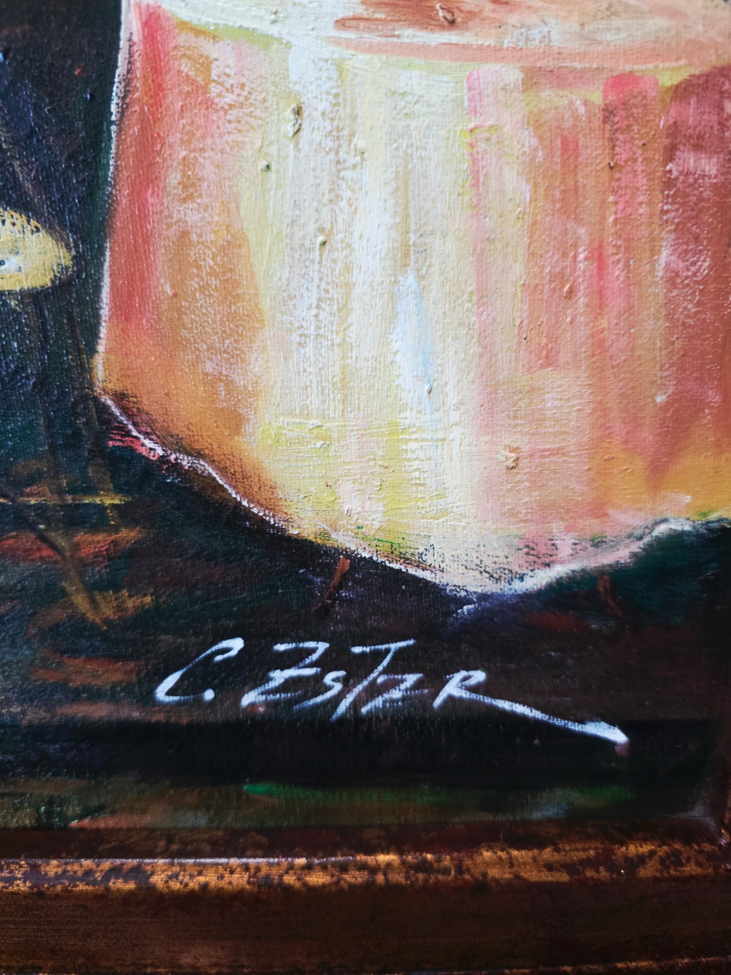 Cuadro al Oleo Firmado por C. Ester – Escena Urbana con Café Europeo 🌸🌿🖌️