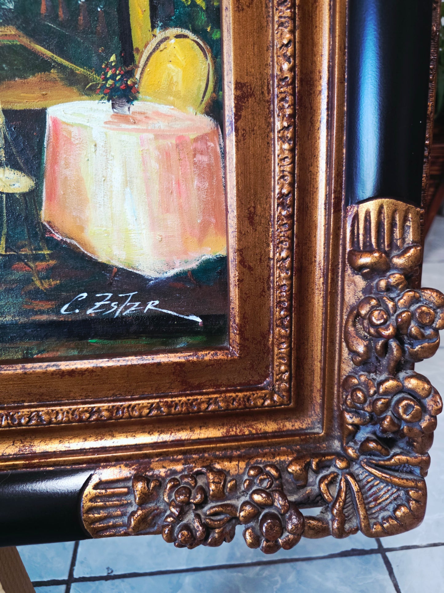 Cuadro al Oleo Firmado por C. Ester – Escena Urbana con Café Europeo 🌸🌿🖌️