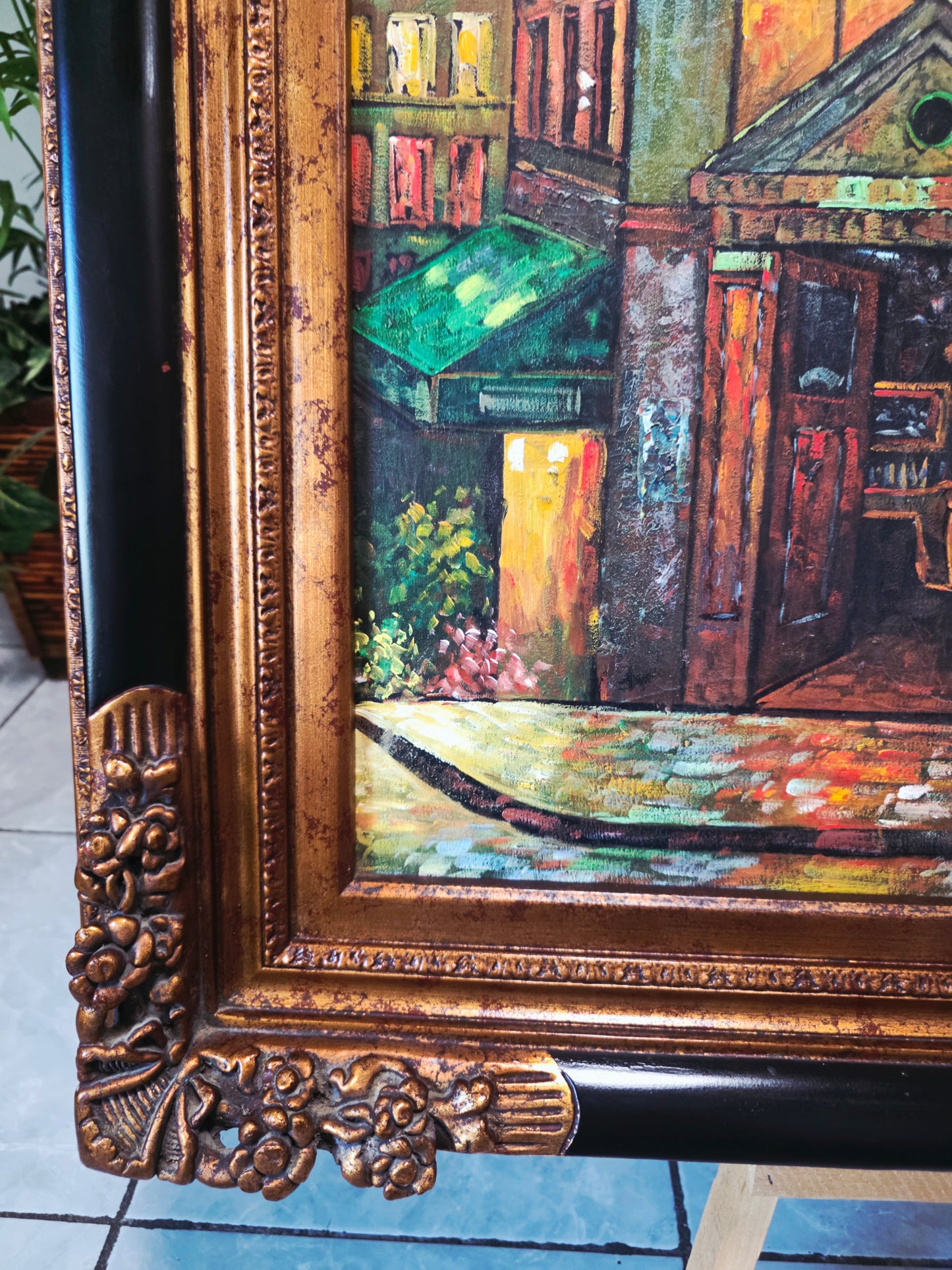 Cuadro al Oleo Firmado por C. Ester – Escena Urbana con Café Europeo 🌸🌿🖌️