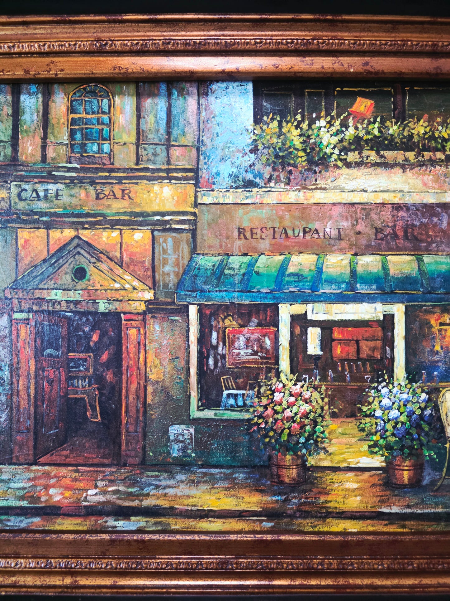 Cuadro al Oleo Firmado por C. Ester – Escena Urbana con Café Europeo 🌸🌿🖌️