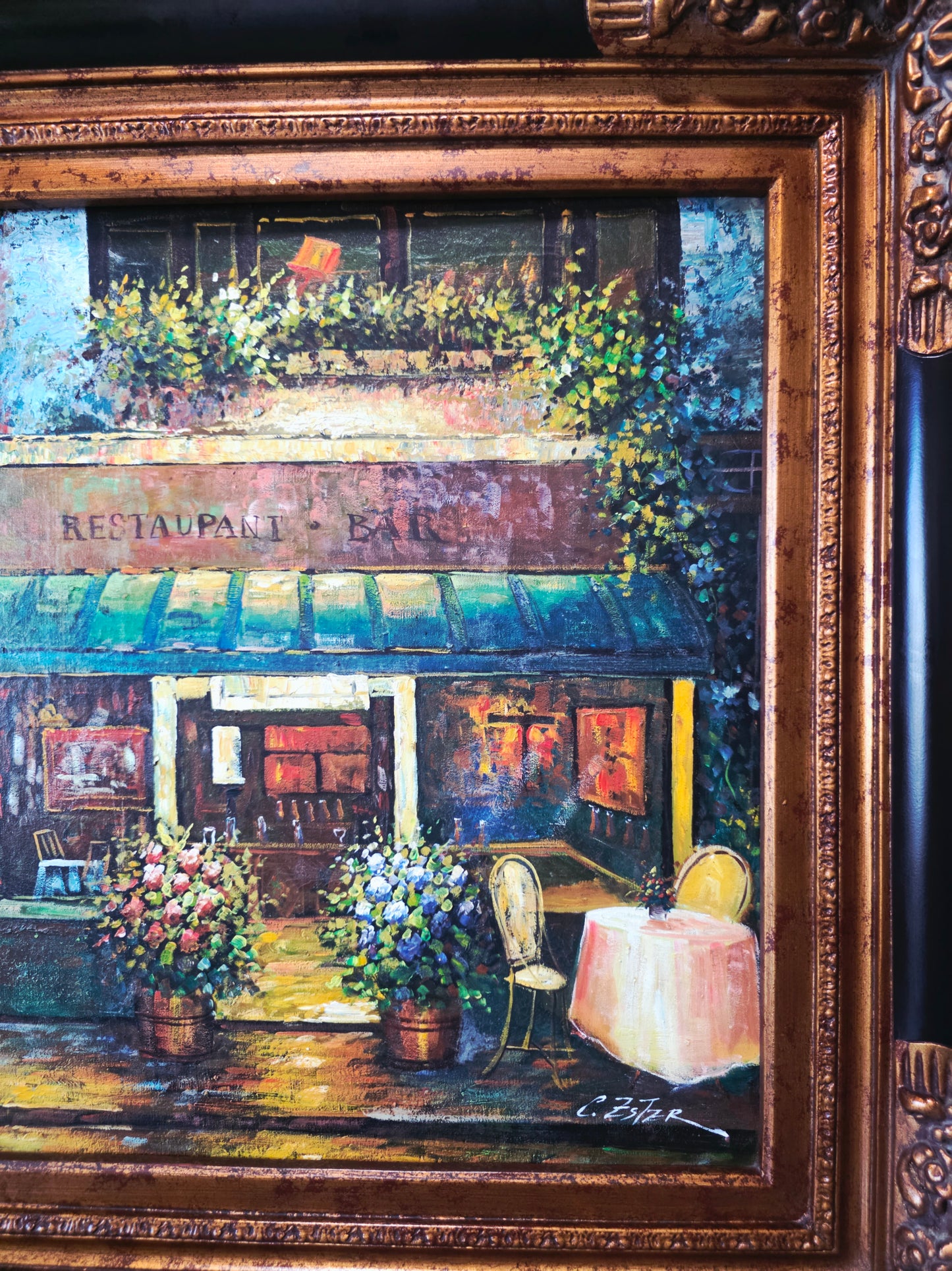 Cuadro al Oleo Firmado por C. Ester – Escena Urbana con Café Europeo 🌸🌿🖌️